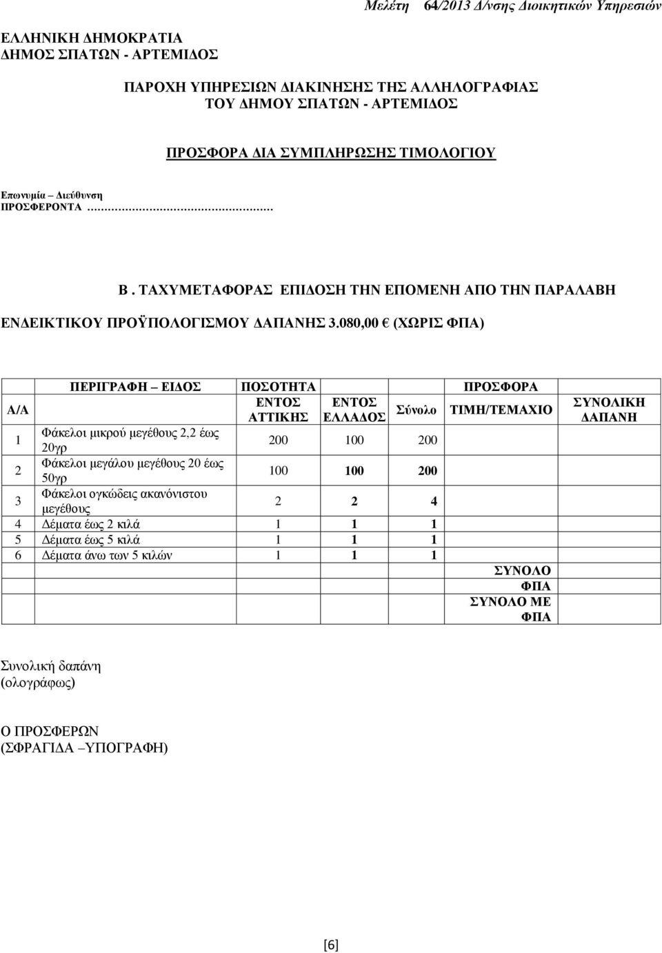 080,00 (ΧΩΡΙΣ ΦΠΑ) A/A 1 2 3 ΠΕΡΙΓΡΑΦΗ ΕΙΔΟΣ ΠΟΣΟΤΗΤΑ ΠΡΟΣΦΟΡΑ ΕΝΤΟΣ ΕΝΤΟΣ ΑΤΤΙΚΗΣ ΕΛΛΑΔΟΣ Σύνολο ΤΙΜΗ/ΤΕΜΑΧΙΟ Φάκελοι μικρού μεγέθους 2,2 έως 20γρ 200 100 200 Φάκελοι μεγάλου μεγέθους 20