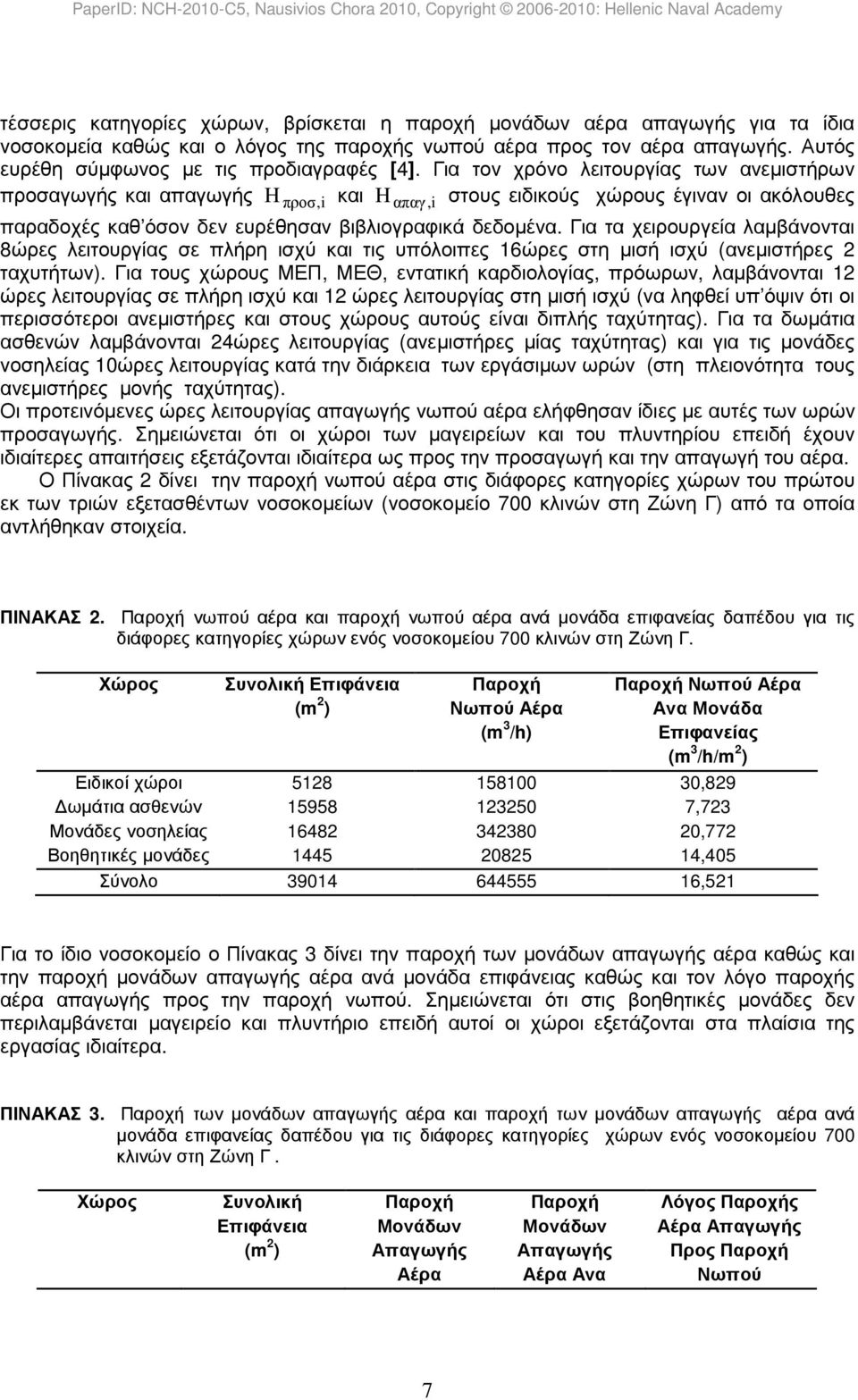 Για τον χρόνο λειτουργίας των ανεµιστήρων προσαγωγής και απαγωγής Hπροσ, i και απαγ, i H στους ειδικούς χώρους έγιναν οι ακόλουθες παραδοχές καθ όσον δεν ευρέθησαν βιβλιογραφικά δεδοµένα.