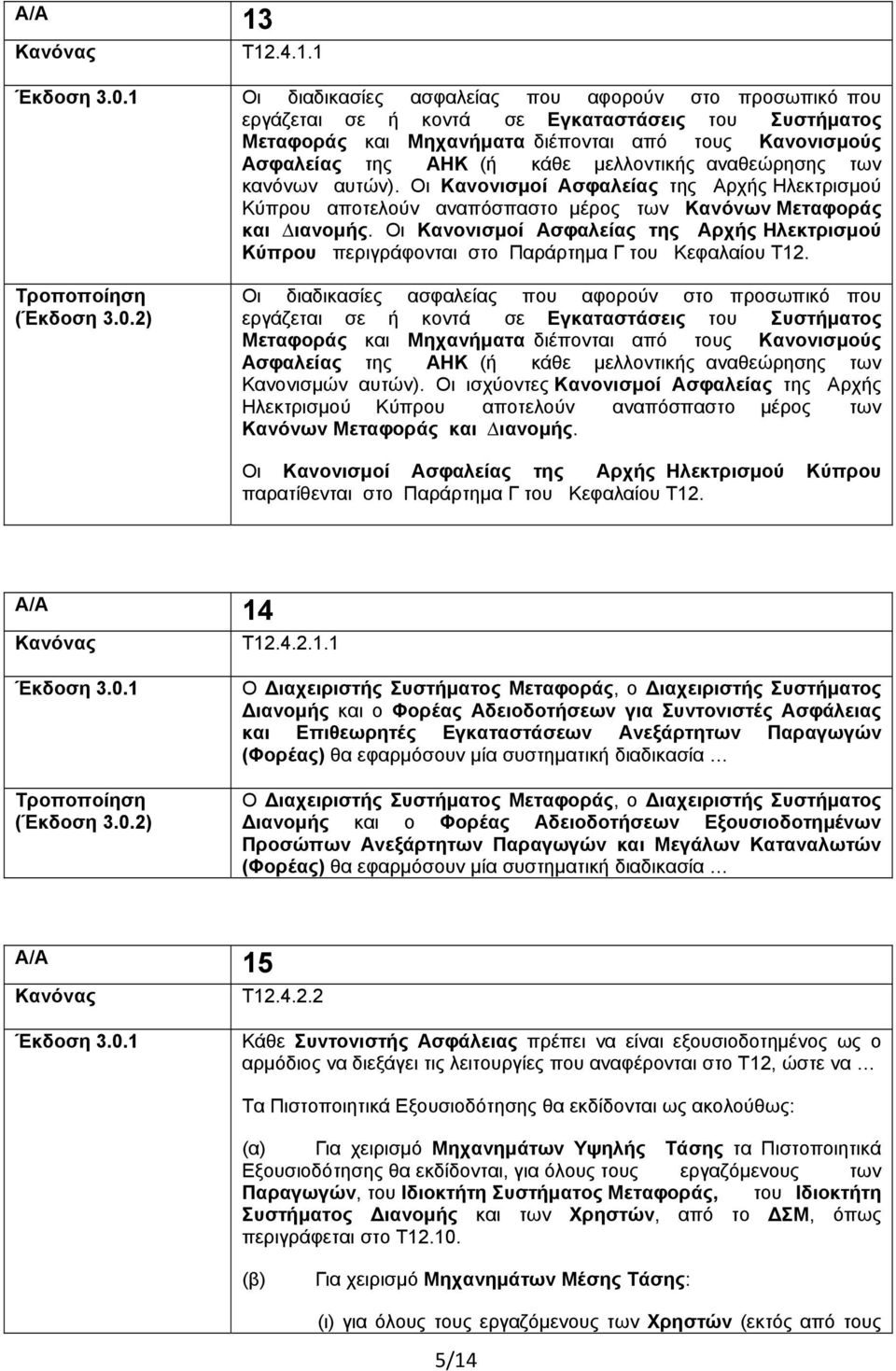 μελλοντικής αναθεώρησης των κανόνων αυτών). Οι Κανονισμοί Ασφαλείας της Αρχής Ηλεκτρισμού Κύπρου αποτελούν αναπόσπαστο μέρος των Κανόνων Μεταφοράς και ιανομής.