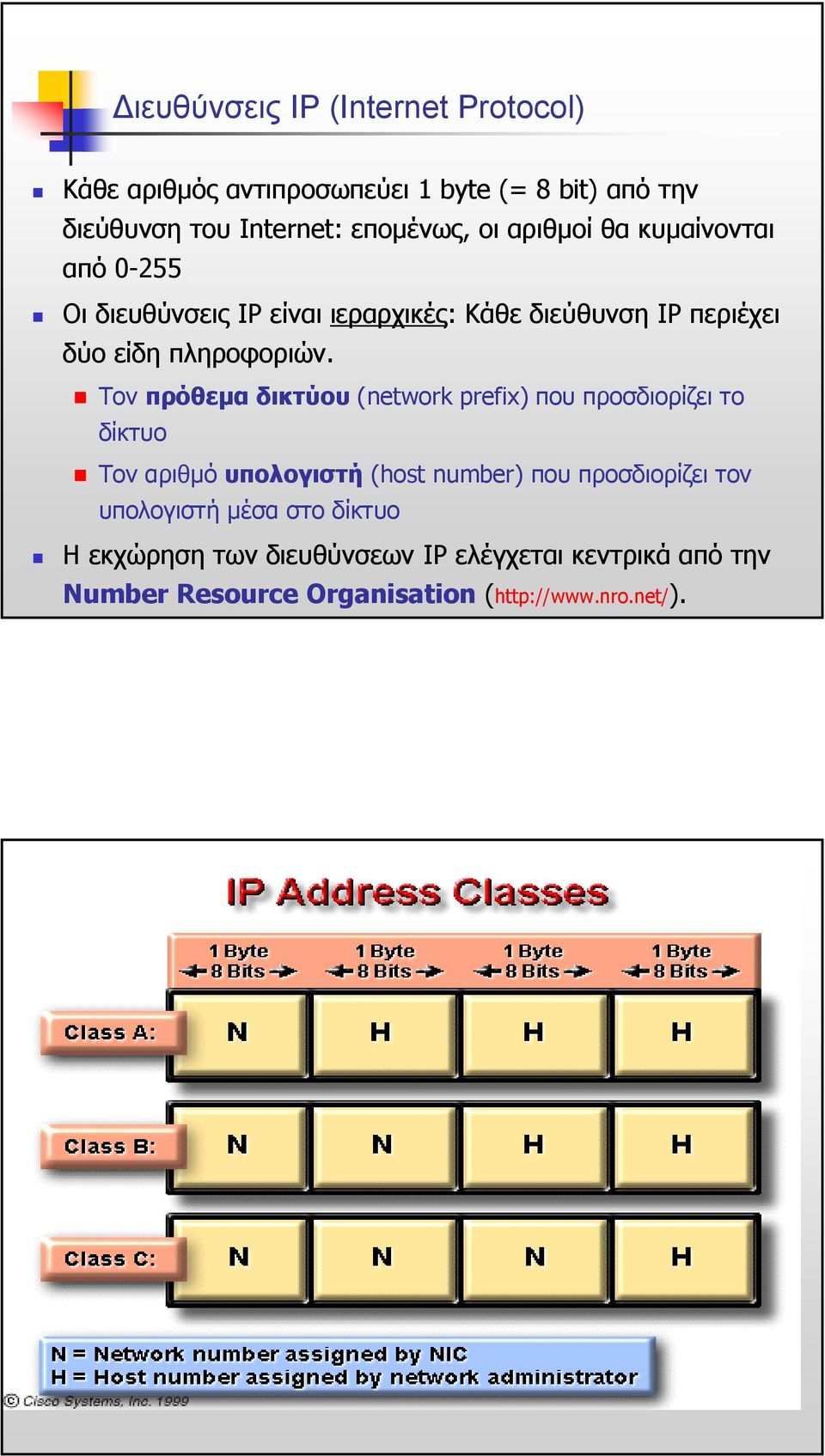 Τον πρόθεµα δικτύου(network prefix) που προσδιορίζει το δίκτυο Τον αριθµό υπολογιστή (host number) που προσδιορίζει τον