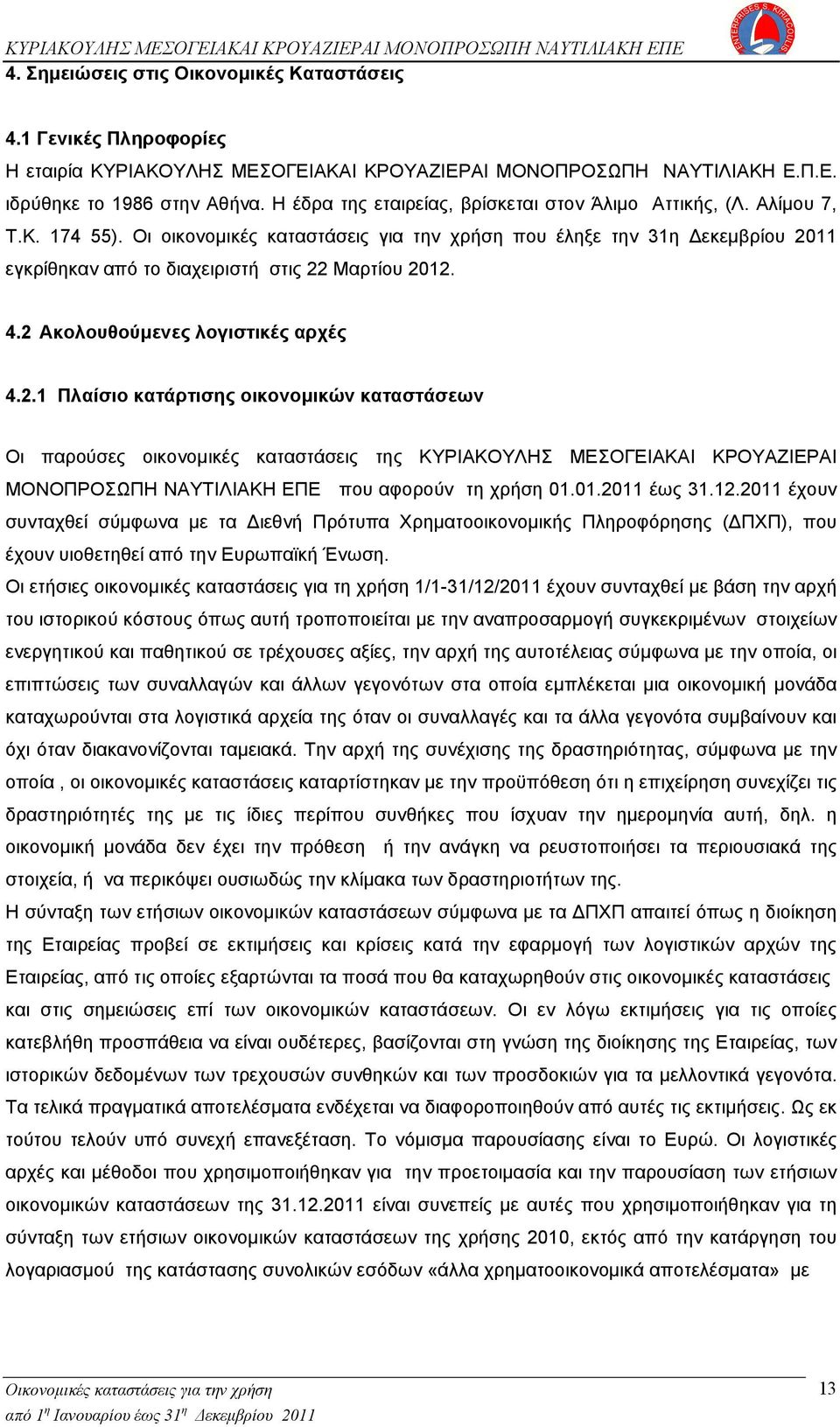 Οι οικονομικές καταστάσεις για την χρήση που έληξε την 31η Δεκεμβρίου 20