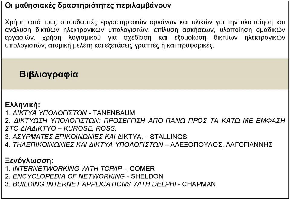 ΔΙΚΣΤΑ ΤΠΟΛΟΓΙΣΏΝ - TANENBAUM 2. ΔΙΚΣΤΩΗ ΤΠΟΛΟΓΙΣΩΝ: ΠΡΟΕΓΓΙΗ ΑΠΟ ΠΑΝΩ ΠΡΟ ΣΑ ΚΑΣΩ ΜΕ ΕΜΦΑΗ ΣΟ ΔΙΑΔΙΚΣΤΟ KUROSE, ROSS. 3. ΑΤΡΜΑΣΕ ΕΠΙΚΟΙΝΩΝΙΕ ΚΑΙ ΓΙΚΤΥΑ, - STALLINGS 4.