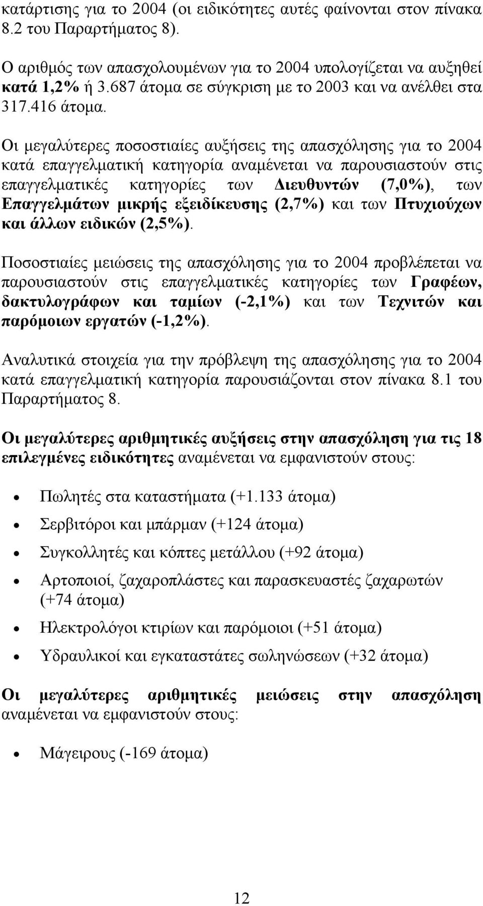 Οι μεγαλύτερες ποσοστιαίες αυξήσεις της απασχόλησης για το 2004 κατά επαγγελματική κατηγορία αναμένεται να παρουσιαστούν στις επαγγελματικές κατηγορίες των Διευθυντών (7,0%), των Επαγγελμάτων μικρής