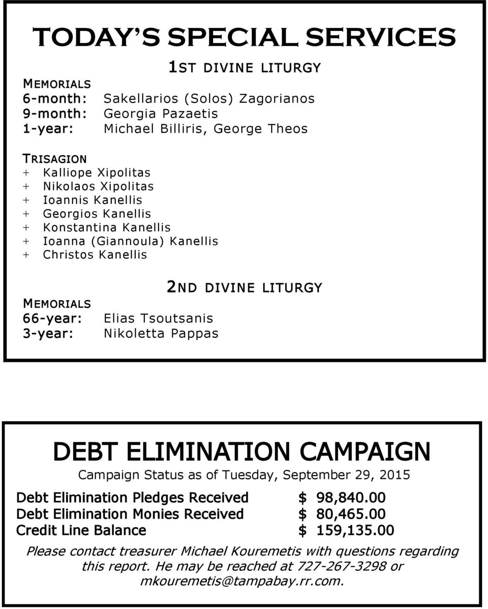 Nikoletta Pappas 2ND DIVINE LITURGY DEBT ELIMINATION CAMPAIGN Campaign Status as of Tuesday, September 29, 2015 Debt Elimination Pledges Received $ 98,840.