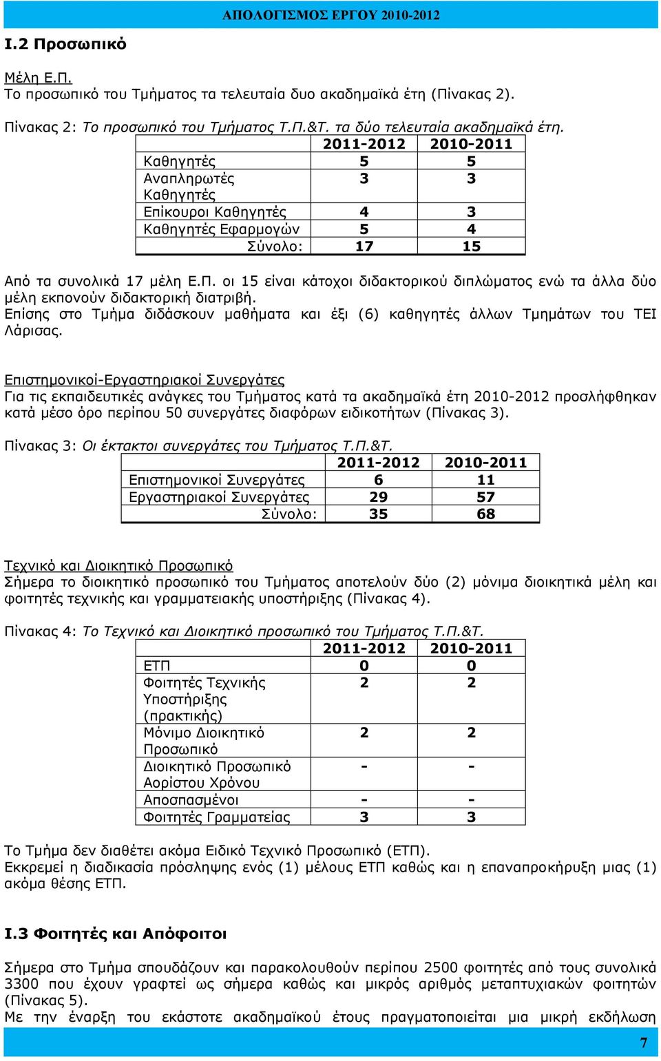 οι 15 είναι κάτοχοι διδακτορικού διπλώματος ενώ τα άλλα δύο μέλη εκπονούν διδακτορική διατριβή. Επίσης στο Τμήμα διδάσκουν μαθήματα και έξι (6) καθηγητές άλλων Τμημάτων του ΤΕΙ Λάρισας.