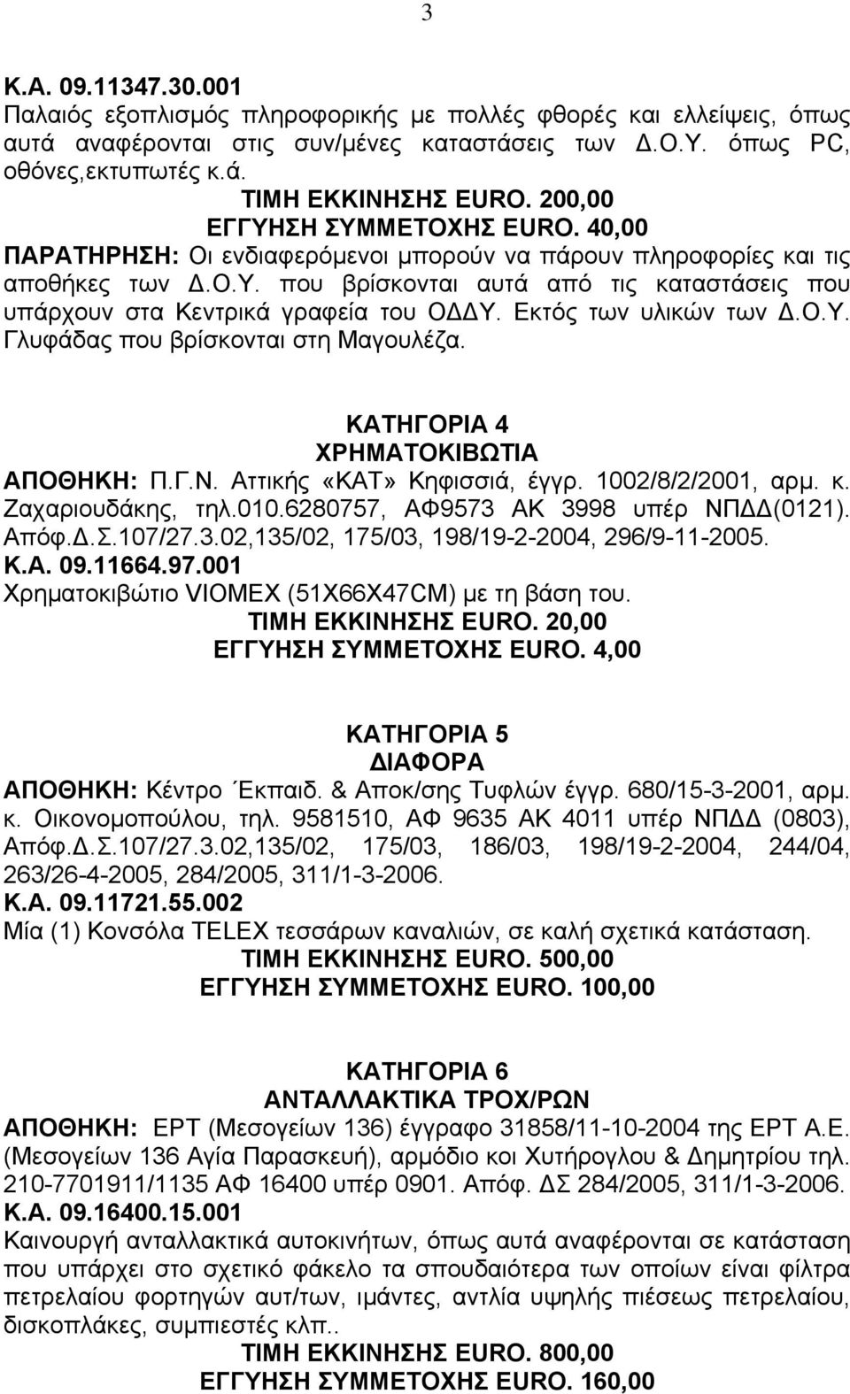 Εκτός των υλικών των.ο.υ. Γλυφάδας που βρίσκονται στη Μαγουλέζα. ΚΑΤΗΓΟΡΙΑ 4 ΧΡΗΜΑΤΟΚΙΒΩΤΙΑ ΑΠΟΘΗΚΗ: Π.Γ.Ν. Αττικής «ΚΑΤ» Κηφισσιά, έγγρ. 1002/8/2/2001, αρµ. κ. Ζαχαριουδάκης, τηλ.010.