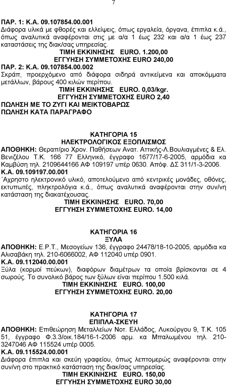 ΤΙΜΗ ΕΚΚΙΝΗΣΗΣ EURO. 0,03/kgr. ΕΓΓΥΗΣΗ ΣΥΜΜΕΤΟΧΗΣ EURO 2,40 ΠΩΛΗΣΗ ΜΕ ΤΟ ΖΥΓΙ ΚΑΙ ΜΕΙΚΤΟΒΑΡΩΣ ΠΩΛΗΣΗ ΚΑΤΑ ΠΑΡΑΓΡΑΦΟ ΚΑΤΗΓΟΡΙΑ 15 ΗΛΕΚΤΡΟΛΟΓΙΚΟΣ ΕΞΟΠΛΙΣΜΟΣ ΑΠΟΘΗΚΗ: Θεραπ/ριο Χρον. Παθήσεων Ανατ.