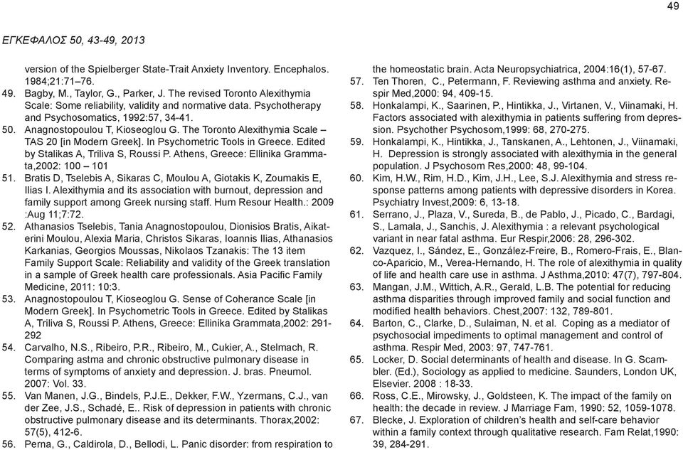 The Toronto Alexithymia Scale TAS 20 [in Modern Greek]. In Psychometric Tools in Greece. Edited by Stalikas A, Triliva S, Roussi P. Athens, Greece: Ellinika Grammata,2002: 100 101 51.