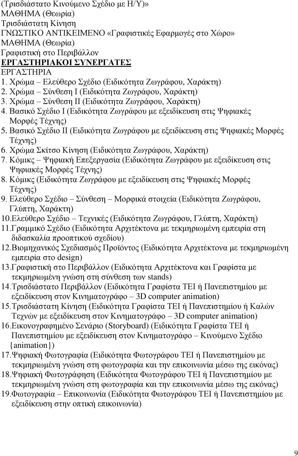 Βασικό Σχέδιο Ι (Ειδικότητα Ζωγράφου με εξειδίκευση στις Ψηφιακές Μορφές Τέχνης) 5. Βασικό Σχέδιο ΙΙ (Ειδικότητα Ζωγράφου με εξειδίκευση στις Ψηφιακές Μορφές Τέχνης) 6.