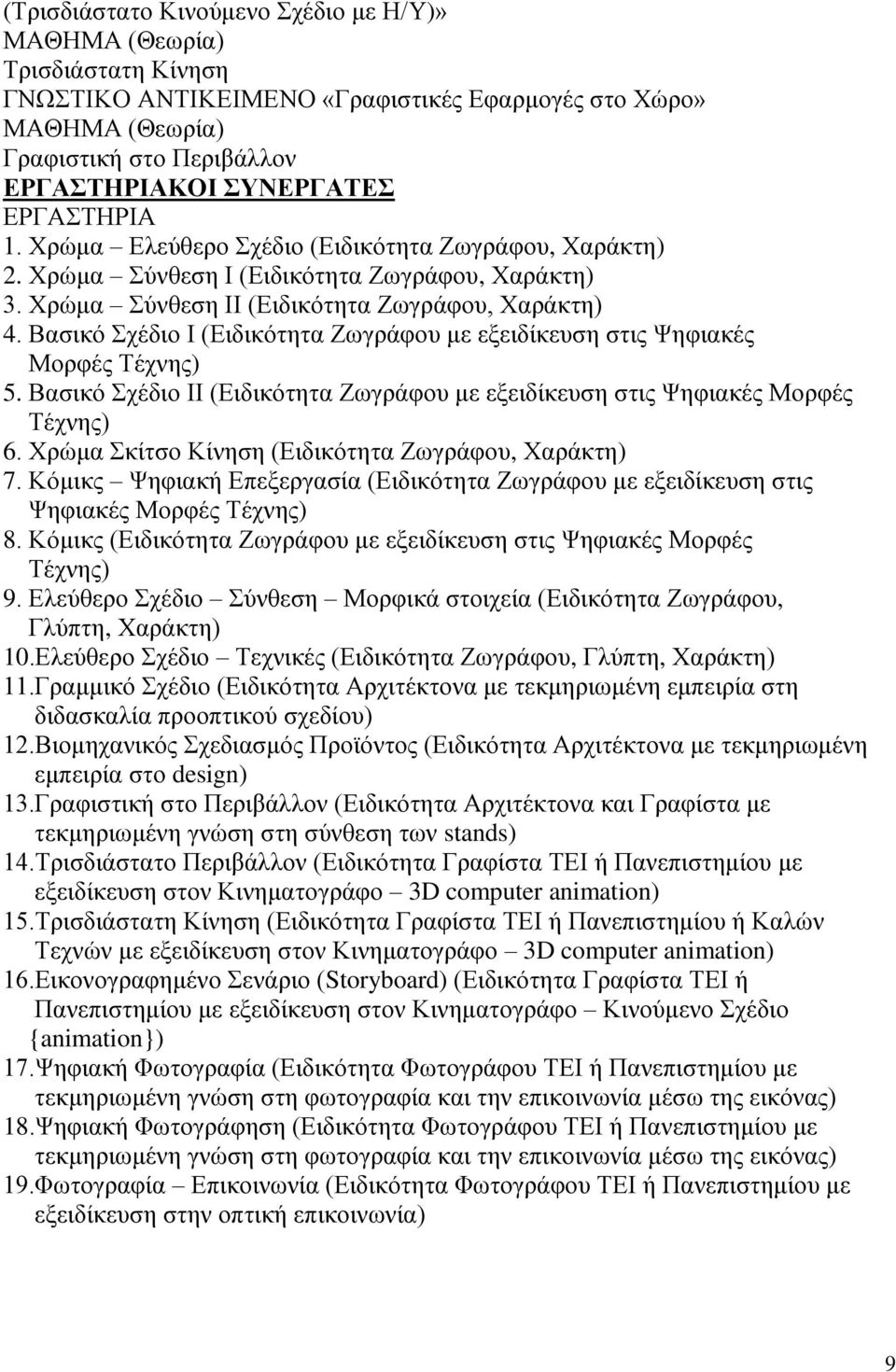 Βασικό Σχέδιο Ι (Ειδικότητα Ζωγράφου με εξειδίκευση στις Ψηφιακές Μορφές Τέχνης) 5. Βασικό Σχέδιο ΙΙ (Ειδικότητα Ζωγράφου με εξειδίκευση στις Ψηφιακές Μορφές Τέχνης) 6.