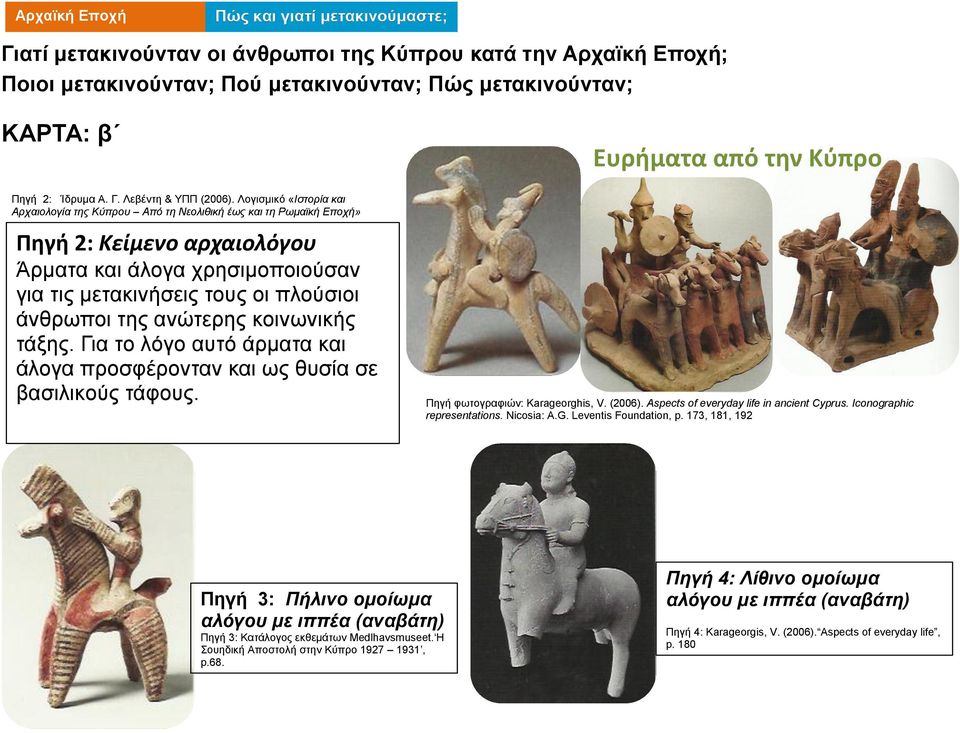 της ανώτερης κοινωνικής τάξης. Για το λόγο αυτό άρματα και άλογα προσφέρονταν και ως θυσία σε βασιλικούς τάφους. Ευρήματα από την Κύπρο Πηγή φωτογραφιών: Karageorghis, V. (2006).