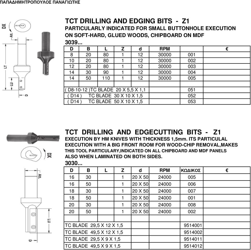 10 X 1,5 052 ( D14 ) TC BLADE 50 X 10 X 1,5 053 TCT DRILLING AND EDGECUTTING BITS - Z1 EXECUTION BY HM KNIVES WITH THICKNESS 1,5mm.