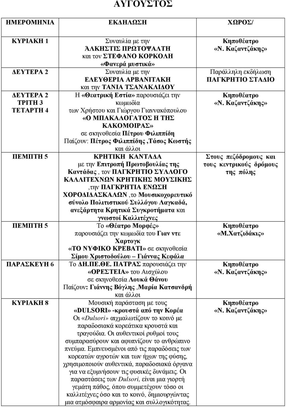 Φιλιππίδης,Τάσος Κωστής και άλλοι ΚΡΗΤΙΚΗ ΚΑΝΤΑΔΑ με την Επιτροπή Πρωτοβουλίας της Καντάδας, τον ΠΑΓΚΡΗΤΙΟ ΣΥΛΛΟΓΟ ΚΑΛΛΙΤΕΧΝΩΝ ΚΡΗΤΙΚΗΣ ΜΟΥΣΙΚΗΣ,την ΠΑΓΚΡΗΤΙΑ ΕΝΩΣΗ ΧΟΡΟΔΙΔΑΣΚΑΛΩΝ,το Μουσικοχορευτικό