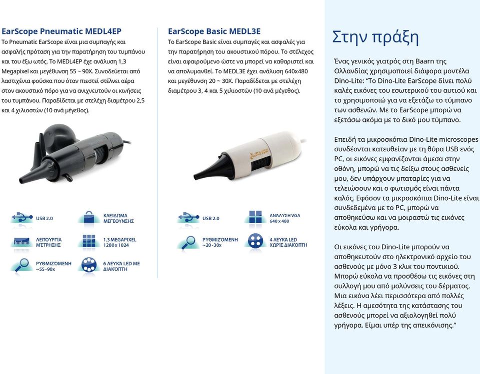 EarScope Basic MEDL3E Το EarScope Basic είναι συμπαγές και ασφαλές για την παρατήρηση του ακουστικού πόρου. Το στέλεχος είναι αφαιρούμενο ώστε να μπορεί να καθαριστεί και να απολυμανθεί.