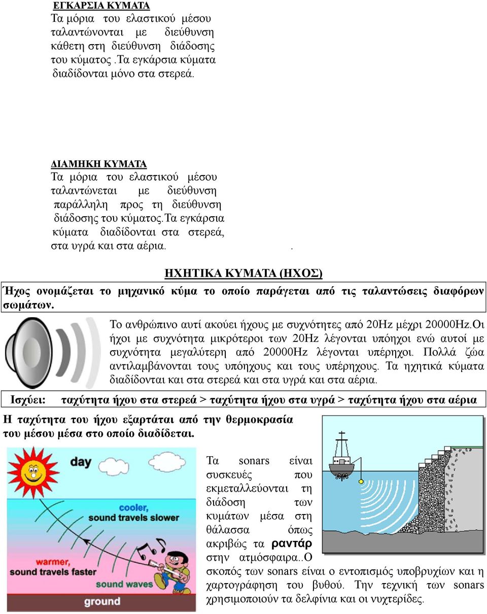 . ΗΧΗΤΙΚΑ ΚΥΜΑΤΑ (ΗΧΟΣ) Ήχος ονομάζεται το μηχανικό κύμα το οποίο παράγεται από τις ταλαντώσεις διαφόρων σωμάτων. Ισχύει: Το ανθρώπινο αυτί ακούει ήχους με συχνότητες από 20Hz μέχρι 20000Hz.