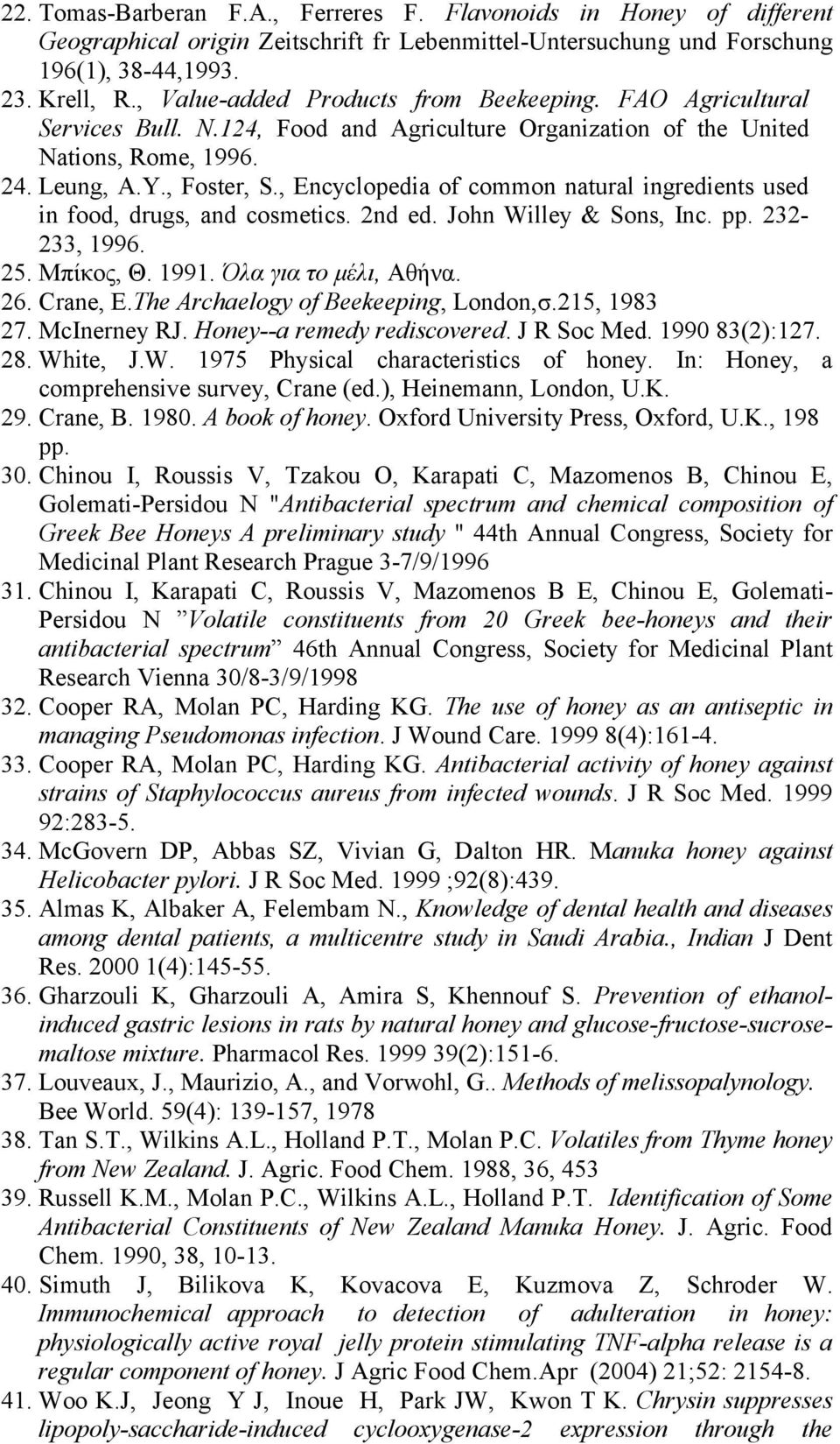 , Encyclopedia of common natural ingredients used in food, drugs, and cosmetics. 2nd ed. John Willey & Sons, Inc. pp. 232-233, 1996. 25. Μπίκος, Θ. 1991. Όλα για το μέλι, Αθήνα. 26. Crane, Ε.