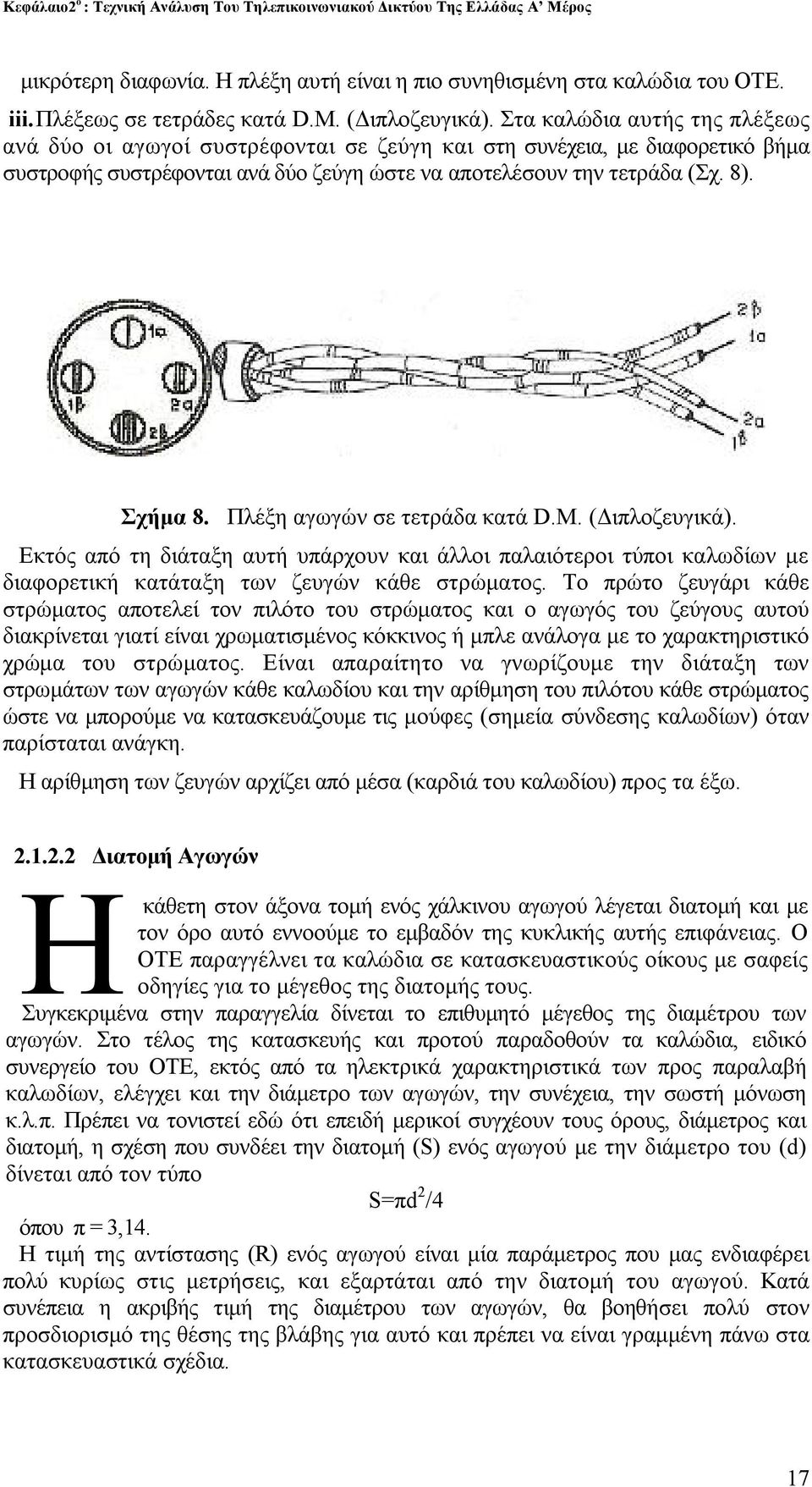 Πλέξη αγωγών σε τετράδα κατά D.Μ. (Διπλοζευγικά). Εκτός από τη διάταξη αυτή υπάρχουν και άλλοι παλαιότεροι τύποι καλωδίων με διαφορετική κατάταξη των ζευγών κάθε στρώματος.