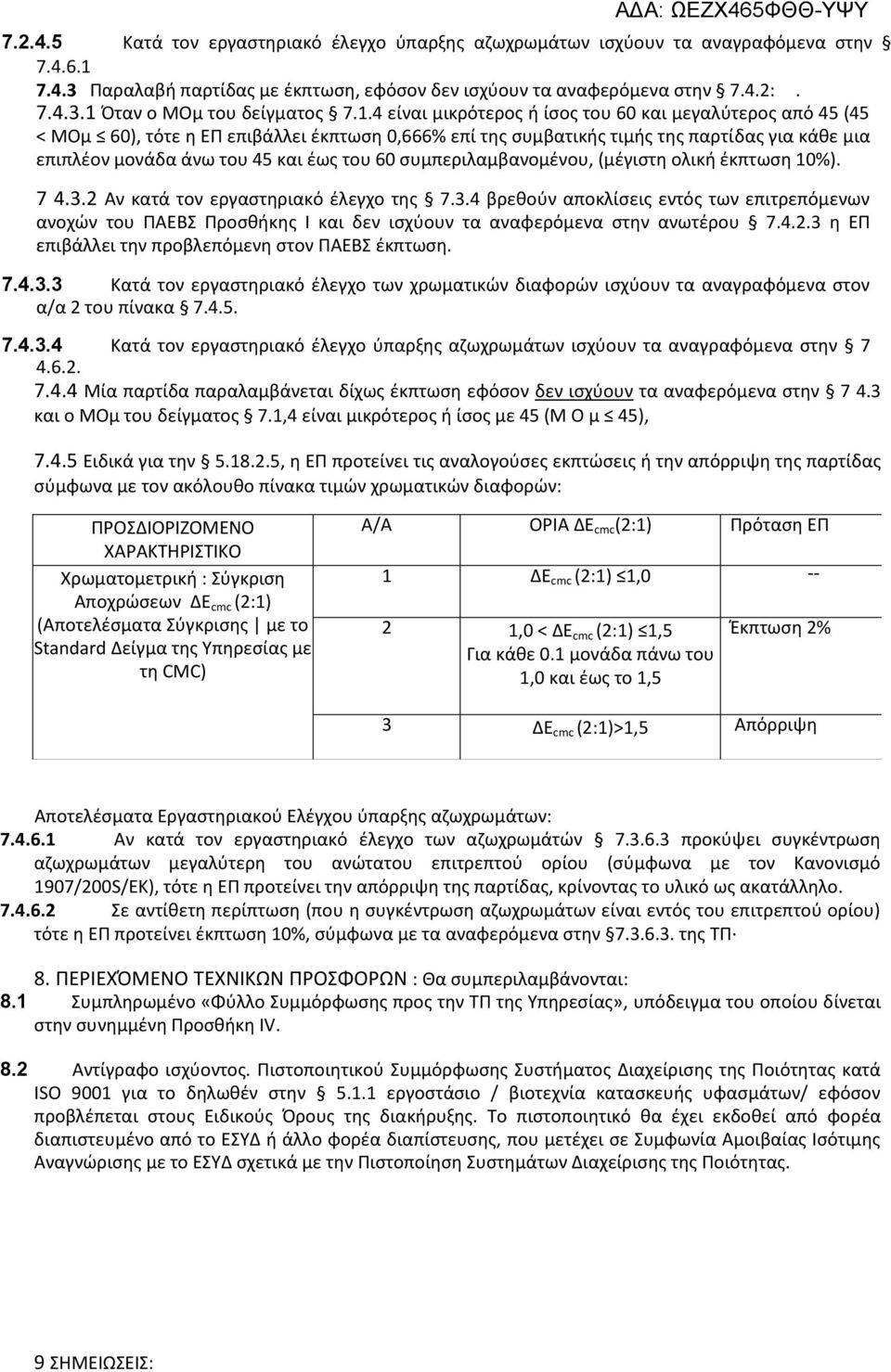 συμπεριλαμβανομένου, (μέγιστη ολική έκπτωση 10). 7 4.3.2 Αν κατά τον εργαστηριακό έλεγχο της 7.3.4 βρεθούν αποκλίσεις εντός των επιτρεπόμενων ανοχών του ΠΑΕΒΣ Προσθήκης I και δεν ισχύουν τα αναφερόμενα στην ανωτέρου 7.