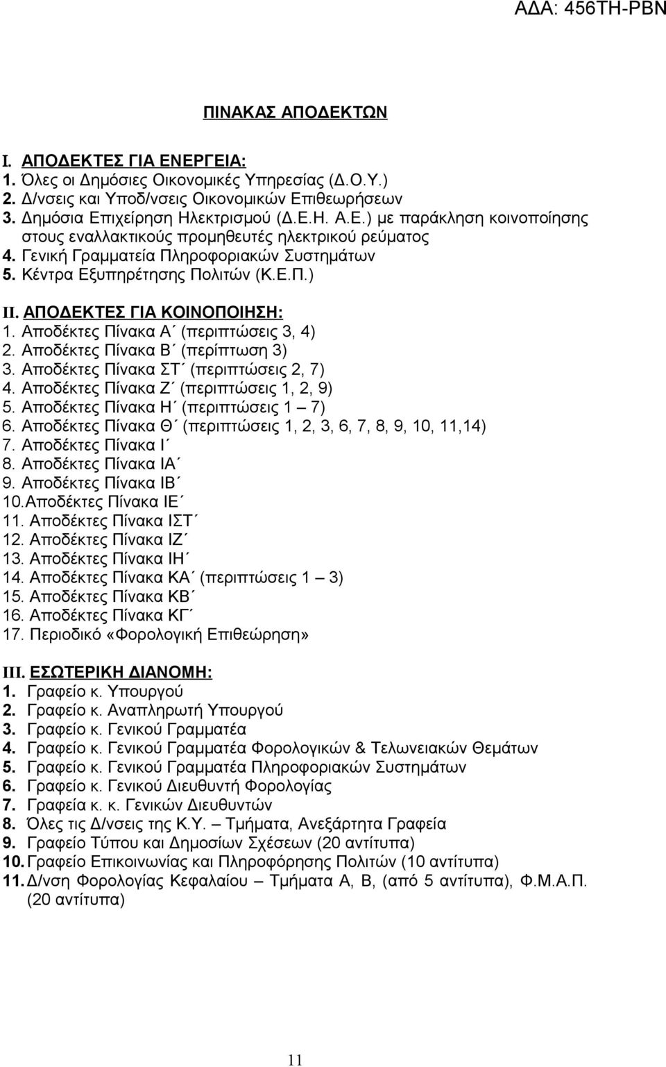 Αποδέκτες Πίνακα ΣΤ (περιπτώσεις 2, 7) 4. Αποδέκτες Πίνακα Ζ (περιπτώσεις 1, 2, 9) 5. Αποδέκτες Πίνακα Η (περιπτώσεις 1 7) 6. Αποδέκτες Πίνακα Θ (περιπτώσεις 1, 2, 3, 6, 7, 8, 9, 10, 11,14) 7.