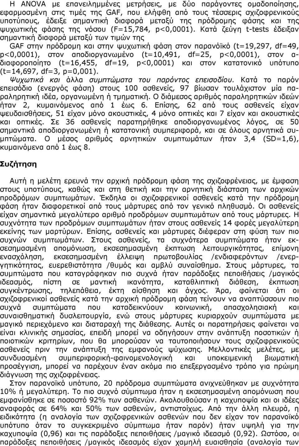 Κατά ζεύγη t-tests έδειξαν σηµαντική διαφορά µεταξύ των τιµών της GAF στην πρόδροµη και στην ψυχωτική φάση στον παρανόϊκό (t=19,297, df=49, p<0,0001), στον αποδιοργανωµένο (t=10,491, df=25,