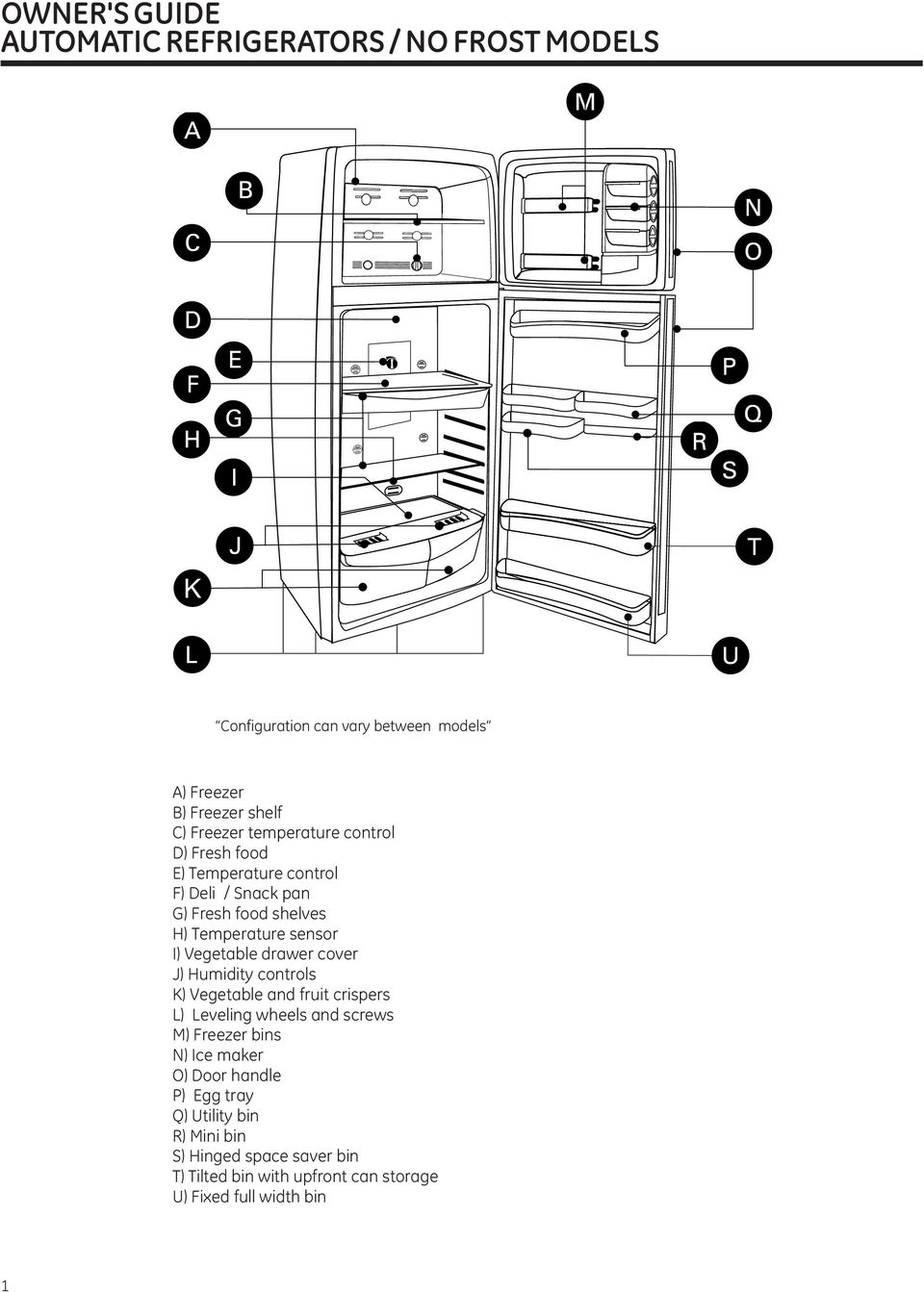 drawer cover J) Humidity controls K) Vegetable and fruit crispers L) Leveling wheels and screws M) Freezer bins N) Ice maker O) Door