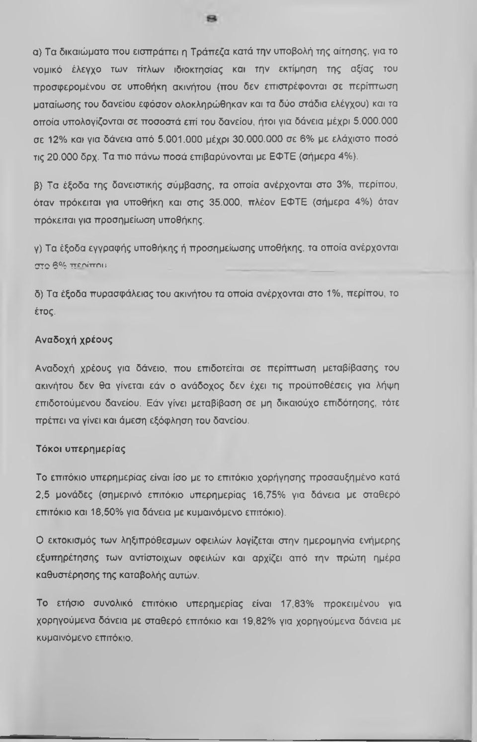 000 σε 12% και για δάνεια από 5.001.000 μέχρι 30.000.000 σε 6% με ελάχιστο ποσό τις 20.000 δρχ. Τα πιο πάνω ποσά επιβαρύνονται με ΕΦΤΕ (σήμερα 4%).