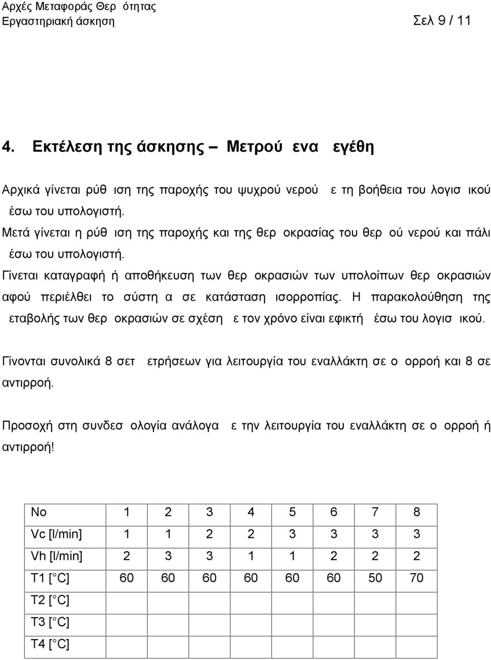 Γίνεται καταγραφή ή αποθήκευση των θερμοκρασιών των υπολοίπων θερμοκρασιών αφού περιέλθει το σύστημα σε κατάσταση ισορροπίας.