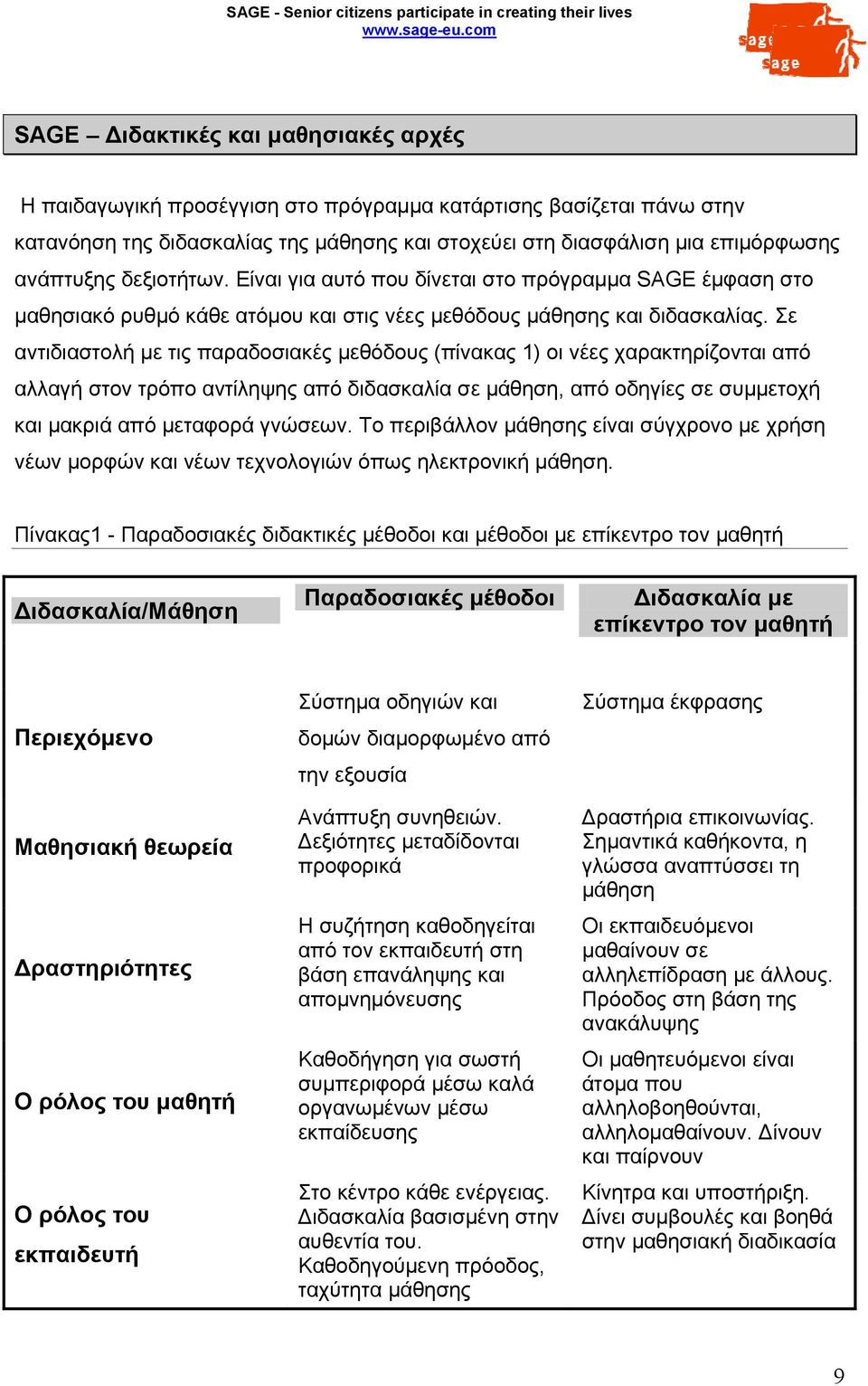 Σε αντιδιαστολή με τις παραδοσιακές μεθόδους (πίνακας 1) οι νέες χαρακτηρίζονται από αλλαγή στον τρόπο αντίληψης από διδασκαλία σε μάθηση, από οδηγίες σε συμμετοχή και μακριά από μεταφορά γνώσεων.