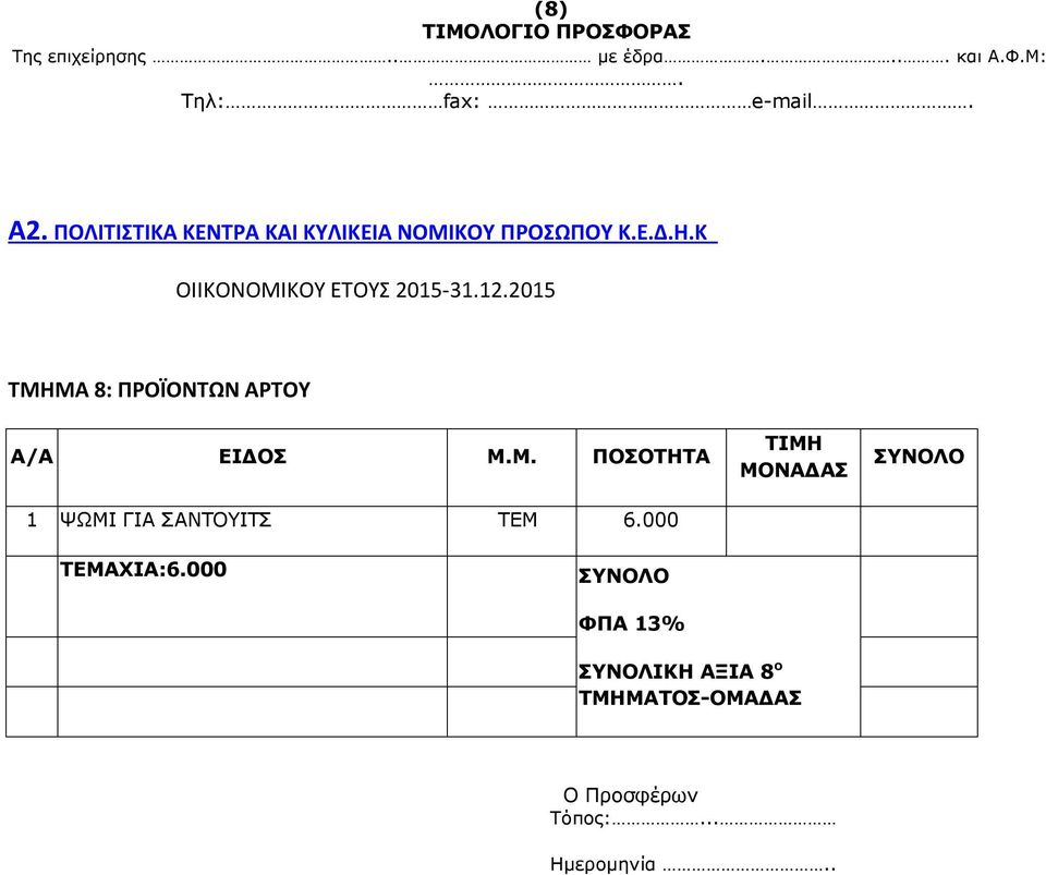 2015 ΤΜΗΜΑ 8: ΠΡΟΪΟΝΤΩΝ ΑΡΤΟΥ Α/Α ΕΙΔΟΣ Μ.Μ. ΠΟΣΟΤΗΤΑ 1 ΨΩΜΙ ΓΙΑ ΣΑΝΤΟΥΙΤΣ ΤΕΜ 6.