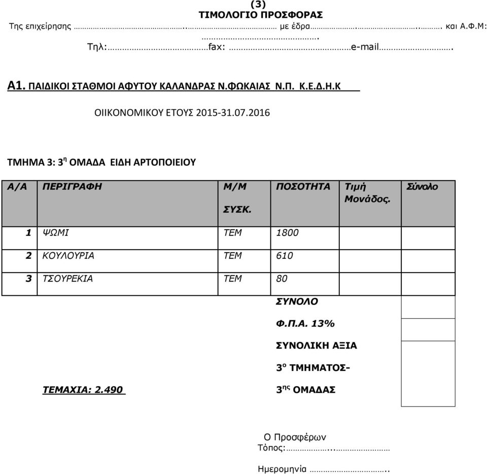 2016 ΤΜΗΜΑ 3: 3 η ΟΜΑΔΑ ΕΙΔΗ ΑΡΤΟΠΟΙΕΙΟΥ Α/Α ΠΕΡΙΓΡΑΦΗ Μ/Μ ΣΥΣΚ.