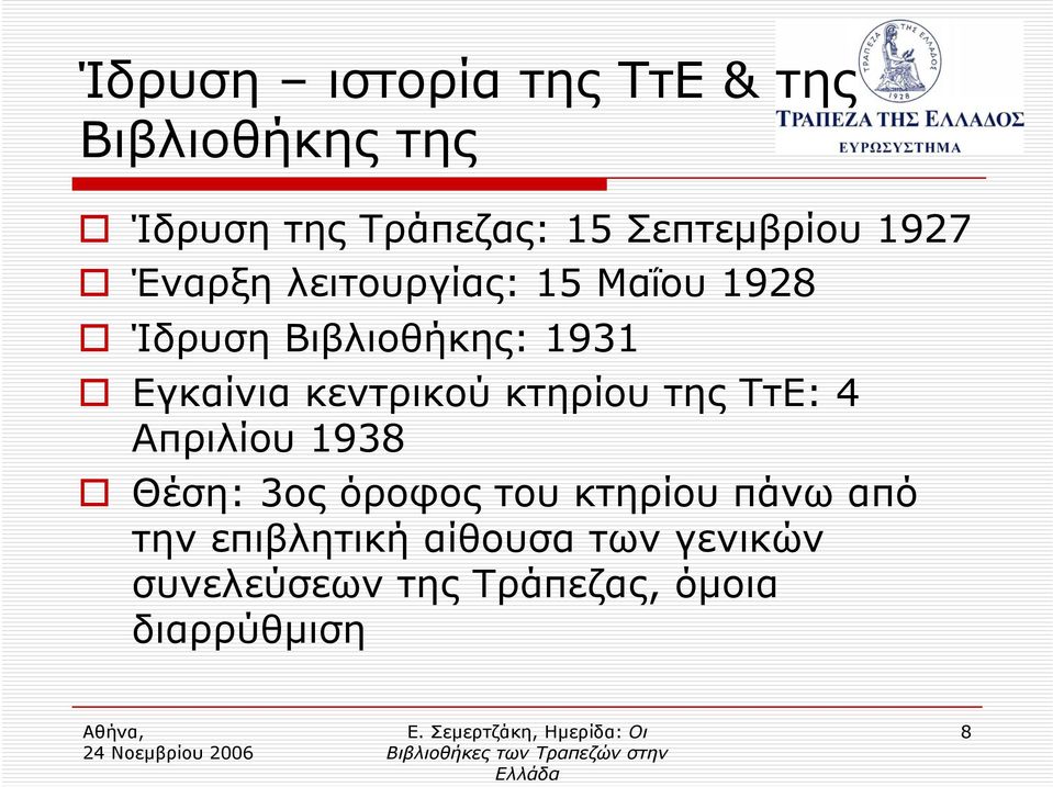 Εγκαίνια κεντρικού κτηρίου της ΤτΕ: 4 Απριλίου 1938 Θέση: 3ος όροφος του