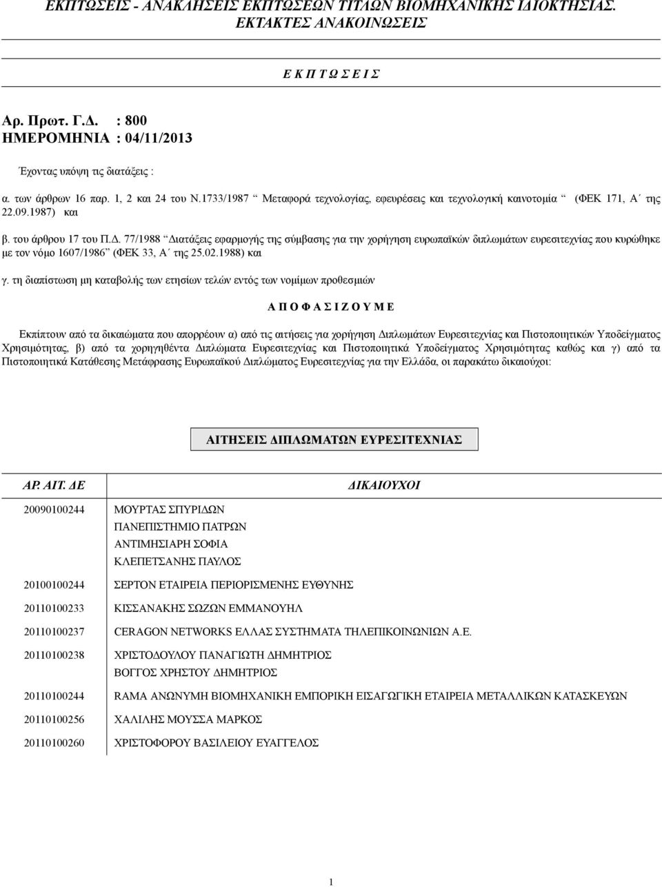 . 77/1988 ιατάξεις εφαρµογής της σύµβασης για την χορήγηση ευρωπαϊκών διπλωµάτων ευρεσιτεχνίας που κυρώθηκε µε τον νόµο 1607/1986 (ΦΕΚ 33, Α της 25.02.1988) και γ.