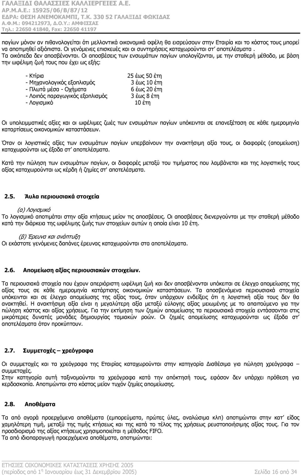 Οι αποσβέσεις των ενσωμάτων παγίων υπολογίζονται, με την σταθερή μέθοδο, με βάση την ωφέλιμη ζωή τους που έχει ως εξής: - Κτίρια 25 έως 50 έτη - Μηχανολογικός εξοπλισμός 3 έως 10 έτη - Πλωτά μέσα -