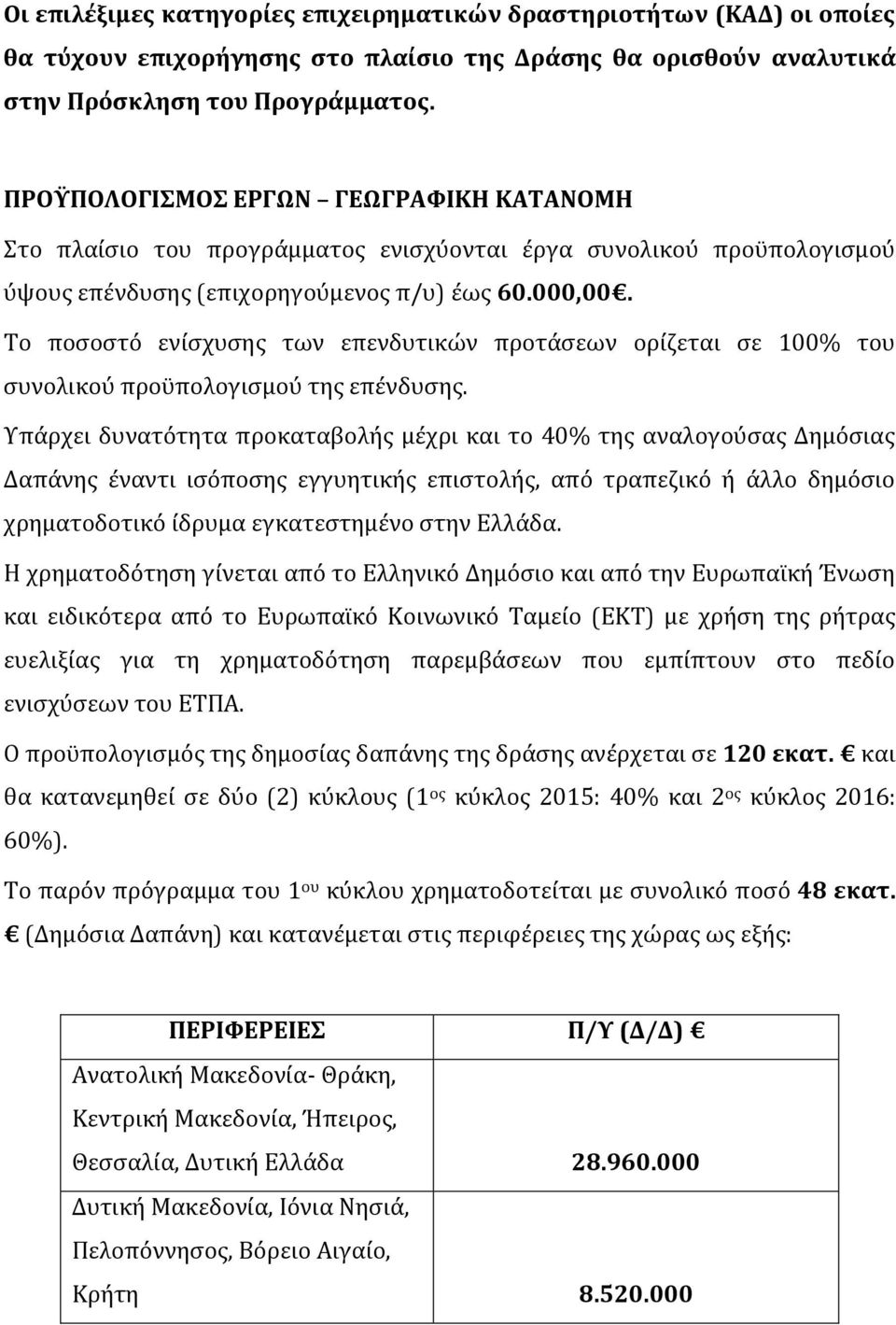 Το ποσοστό ενίσχυσης των επενδυτικών προτάσεων ορίζεται σε 100% του συνολικού προϋπολογισμού της επένδυσης.