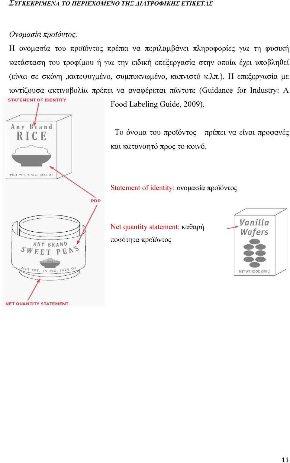 Η επεξεργασία µε ιοντίζουσα ακτινοβολία πρέπει να αναφέρεται πάντοτε (Guidance for Industry: A Food Labeling Guide, 2009).
