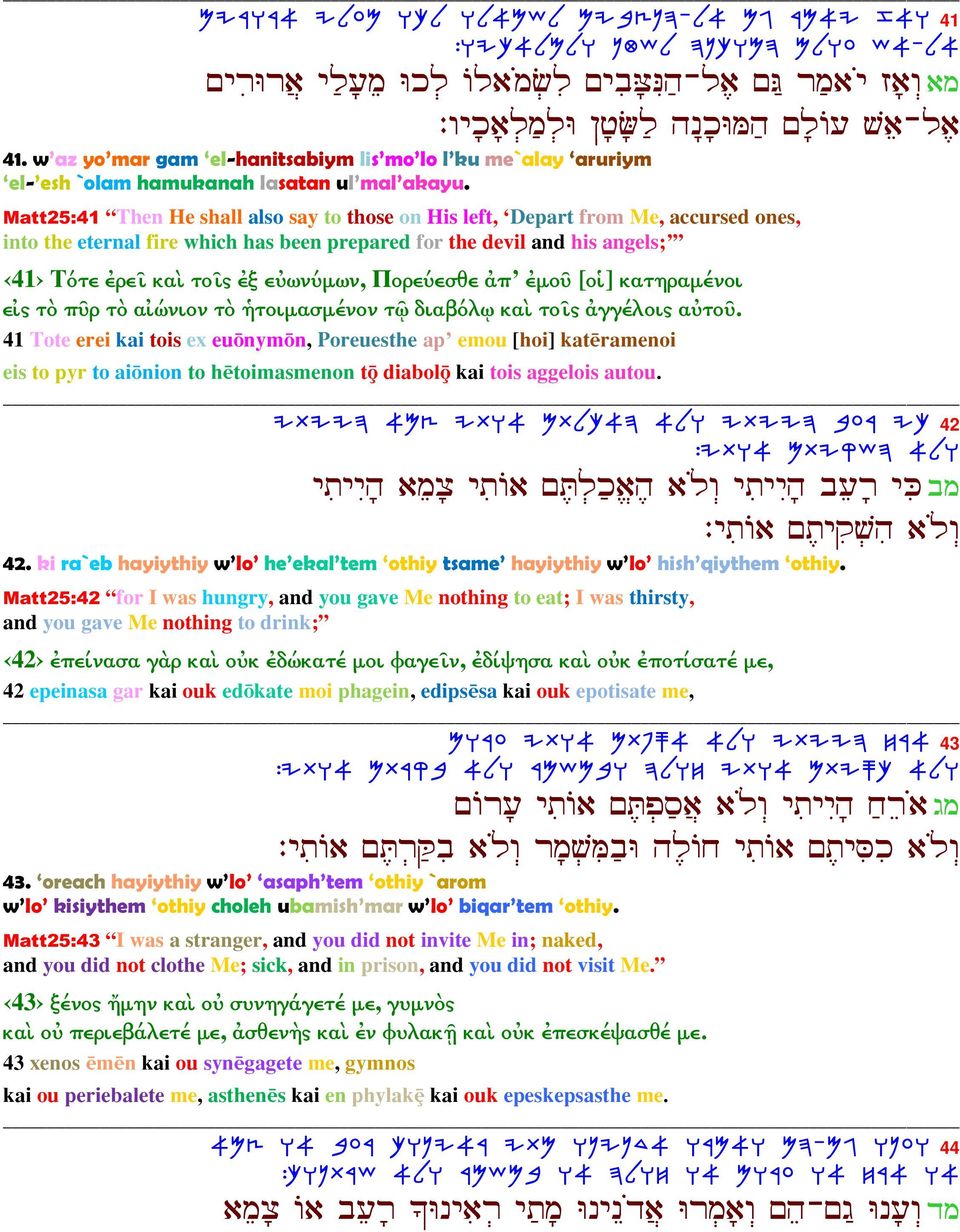 Matt25:41 Then He shall also say to those on His left, Depart from Me, accursed ones, into the eternal fire which has been prepared for the devil and his angels; 41 Τότε ἐρεῖ καὶ τοῖς ἐξ εὐωνύµων,