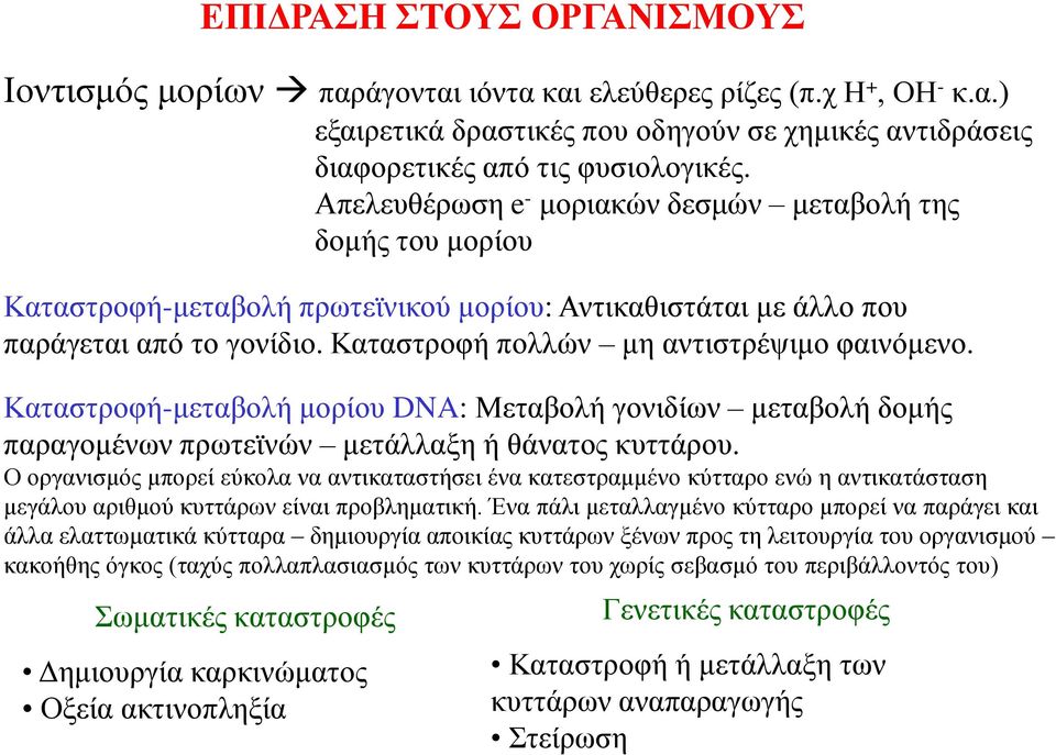 Καταστροφή-μεταβολή μορίου DNA: Μεταβολή γονιδίων μεταβολή δομής παραγομένων πρωτεϊνών μετάλλαξη ή θάνατος κυττάρου.