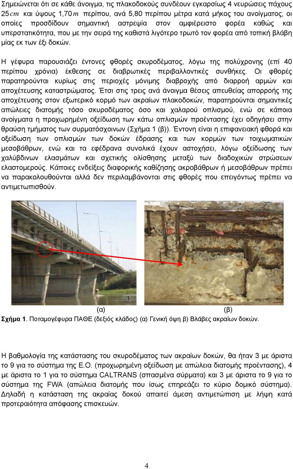 Η γέφυρα παρουσιάζει έντονες φθορές σκυροδέματος, λόγω της πολύχρονης (επί 40 περίπου χρόνια) έκθεσης σε διαβρωτικές περιβαλλοντικές συνθήκες.