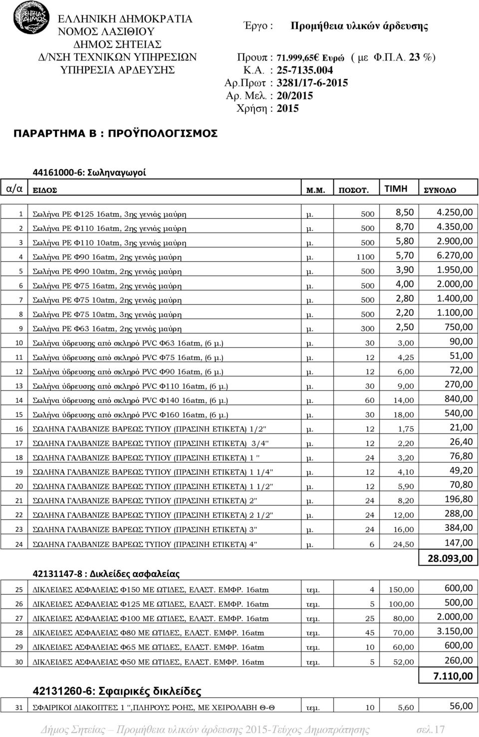 250,00 2 Σωλήνα ΡΕ Φ110 16atm, 2ης γενιάς μαύρη μ. 500 8,70 4.350,00 3 Σωλήνα ΡΕ Φ110 10atm, 3ης γενιάς μαύρη μ. 500 5,80 2.900,00 4 Σωλήνα ΡΕ Φ90 16atm, 2ης γενιάς μαύρη μ. 1100 5,70 6.