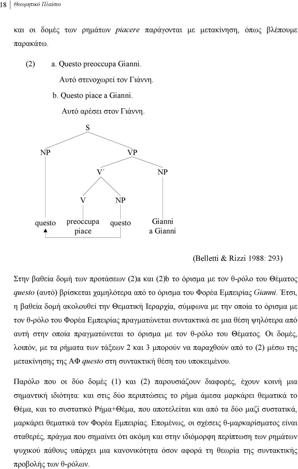 S NP VP V NP V NP questo preoccupa piace questo Gianni a Gianni (Belletti & Rizzi 1988: 293) Στην βαθεία δοµή των προτάσεων (2)a και (2)b το όρισµα µε τον θ-ρόλο του Θέµατος questo (αυτό) βρίσκεται