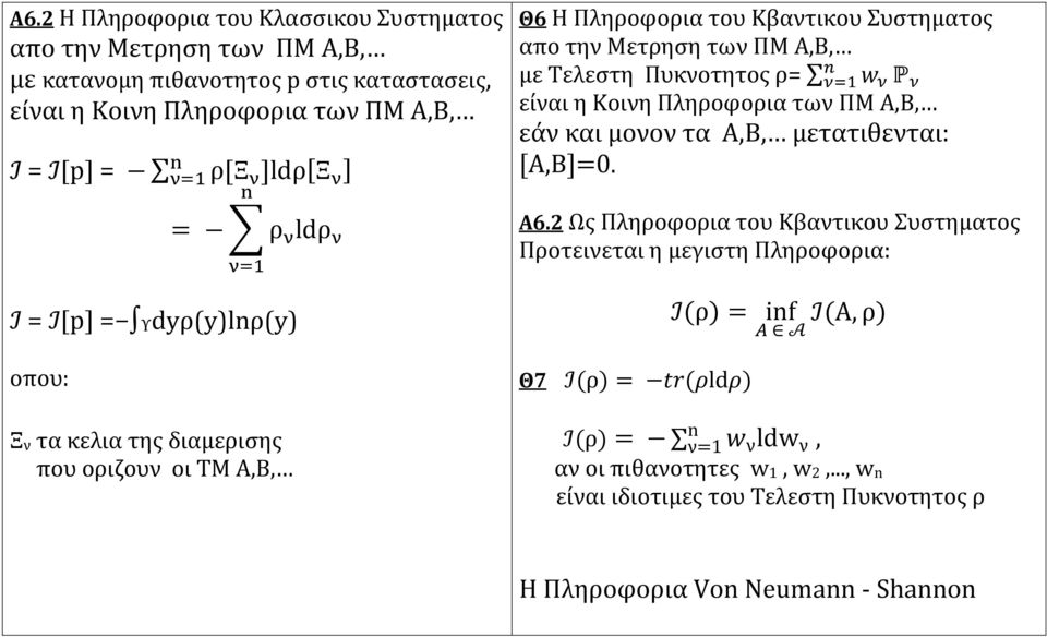 Τελεστη Πυκνοτητος ρ= n ν=1 w ν P ν είναι η Κοινη Πληροφορια των ΠΜ Α,Β, εάν και μονον τα Α,Β, μετατιθενται: [Α,Β]=0. Α6.