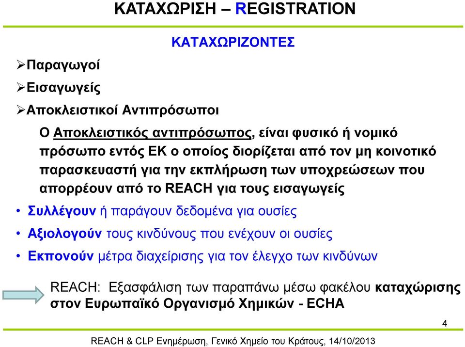 REACH για τους εισαγωγείς Συλλέγουν ή παράγουν δεδομένα για ουσίες Αξιολογούν τους κινδύνους που ενέχουν οι ουσίες Εκπονούν μέτρα