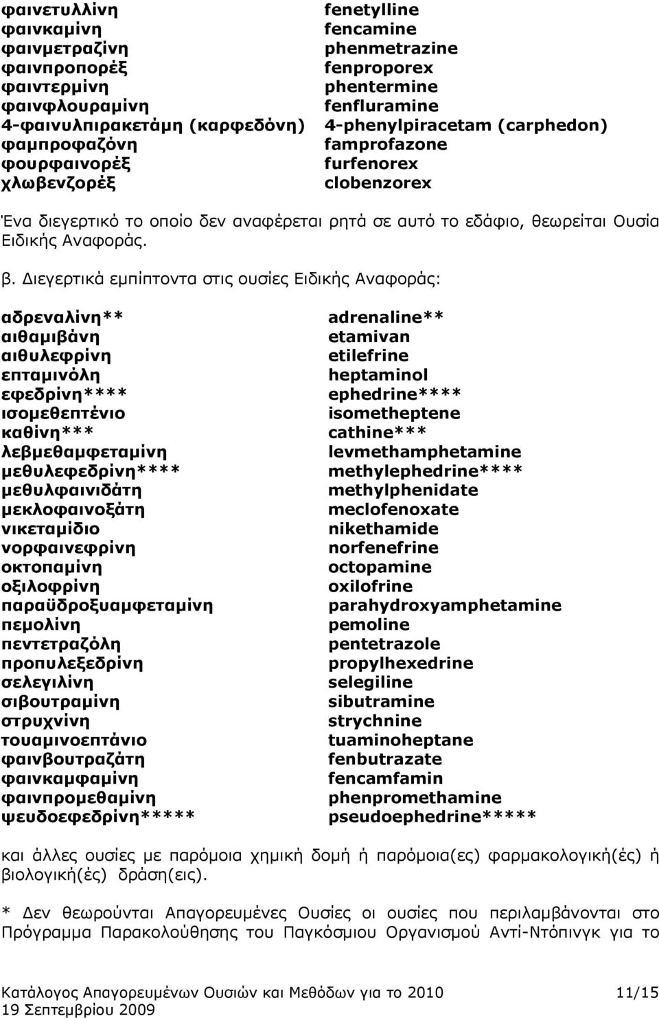 Διεγερτικά εμπίπτοντα στις ουσίες Eιδικής Αναφοράς: αδρεναλίνη** αιθαμιβάνη αιθυλεφρίνη επταμινόλη εφεδρίνη**** ισομεθεπτένιο καθίνη*** λεβμεθαμφεταμίνη μεθυλεφεδρίνη**** μεθυλφαινιδάτη