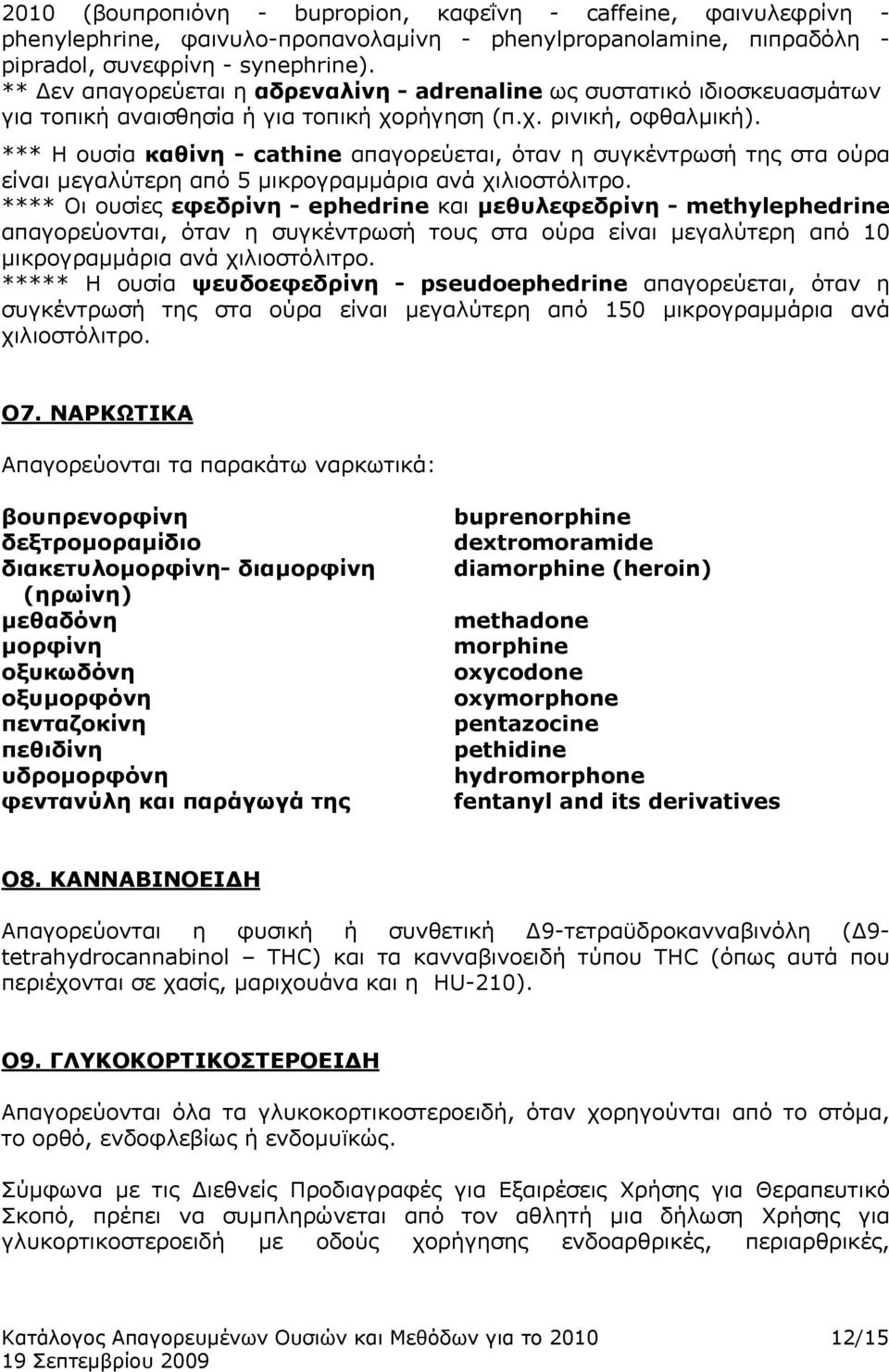 *** Η ουσία καθίνη - cathine απαγορεύεται, όταν η συγκέντρωσή της στα ούρα είναι μεγαλύτερη από 5 μικρογραμμάρια ανά χιλιοστόλιτρο.