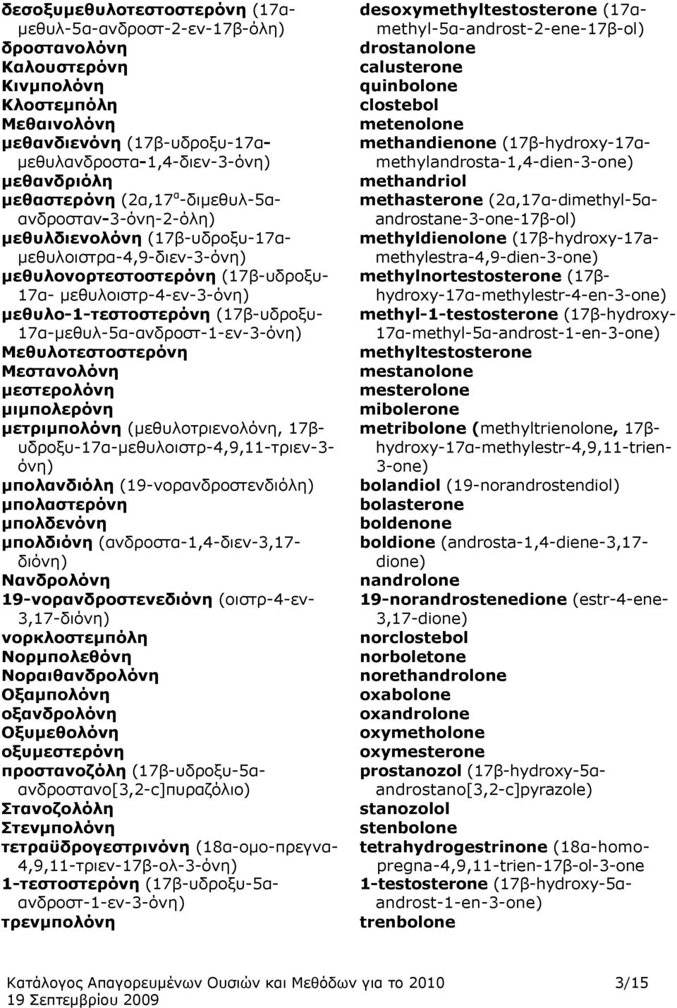 (17β-υδροξυ- 17α-μεθυλ-5α-ανδροστ-1-εν-3-όνη) Μεθυλoτεστοστερόνη Μεστανολόνη μεστερολόνη μιμπολερόνη μετριμπολόνη (μεθυλoτριενολόνη, 17βυδροξυ-17α-μεθυλοιστρ-4,9,11-τριεν-3- όνη) μπολανδιόλη