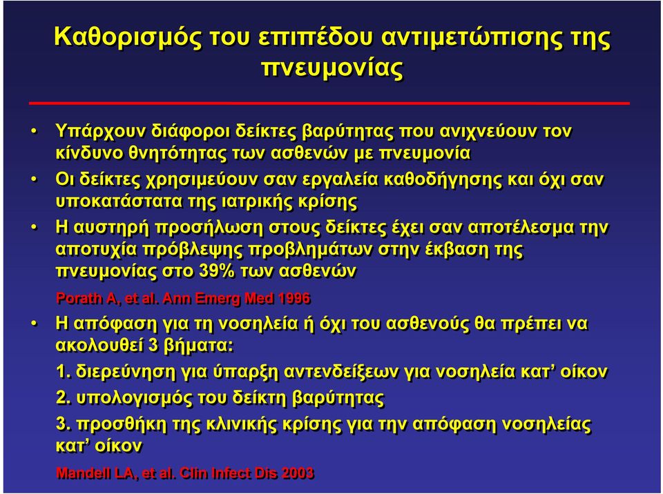 πνευµονίας στο 39% των ασθενών Porath A, et al. Ann Emerg Med 1996 H απόφαση για τη νοσηλεία ή όχι του ασθενούς θα πρέπει να ακολουθεί 3 βήµατα: 1.