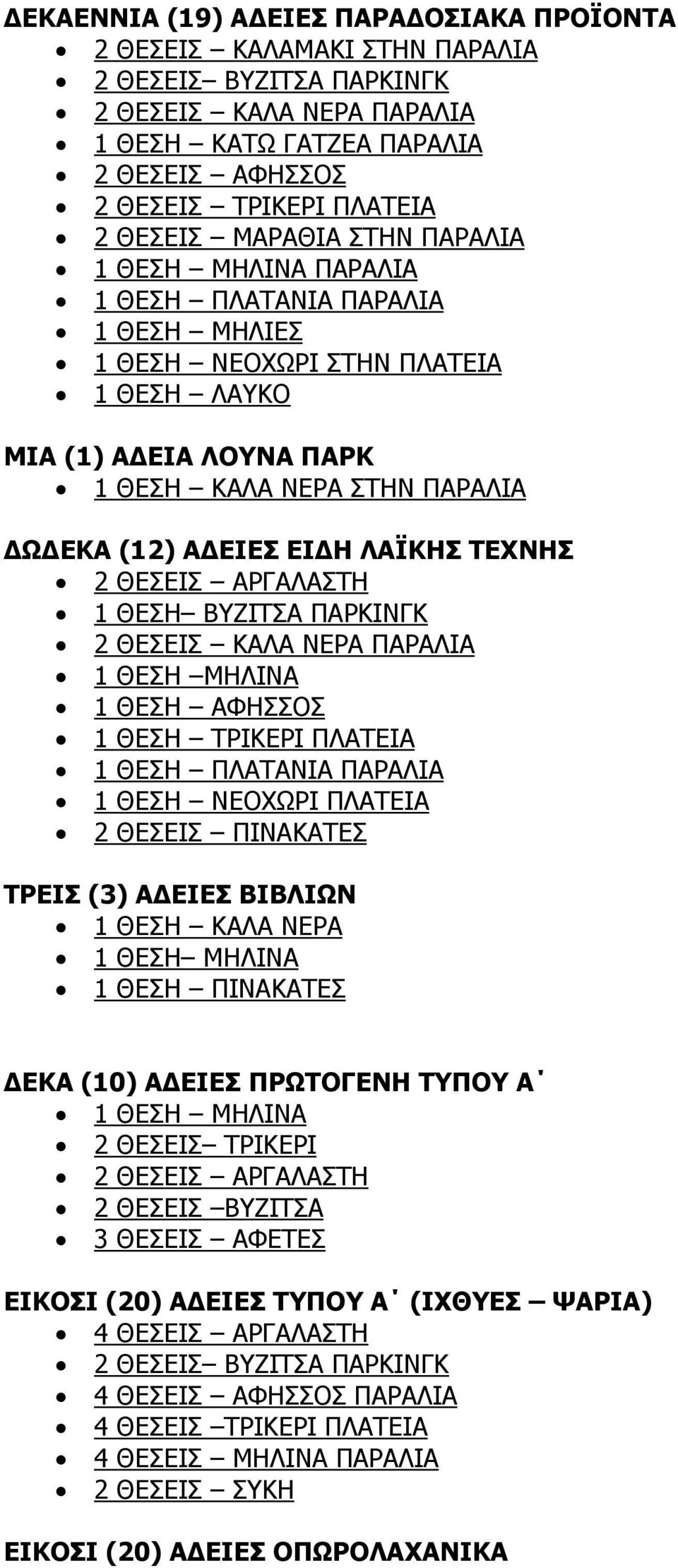 ΤΡΙΚΕΡΙ ΠΛΑΤΕΙΑ 1 ΘΕΣΗ ΠΛΑΤΑΝΙΑ ΠΑΡΑΛΙΑ 1 ΘΕΣΗ ΝΕΟΧΩΡΙ ΠΛΑΤΕΙΑ 2 ΘΕΣΕΙΣ ΠΙΝΑΚΑΤΕΣ ΤΡΕΙΣ (3) Α ΕΙΕΣ ΒΙΒΛΙΩΝ 1 ΘΕΣΗ ΚΑΛΑ ΝΕΡΑ 1 ΘΕΣΗ ΜΗΛΙΝΑ 1 ΘΕΣΗ ΠΙΝΑΚΑΤΕΣ ΕΚΑ (10) Α ΕΙΕΣ ΠΡΩΤΟΓΕΝΗ ΤΥΠΟΥ Α 1 ΘΕΣΗ