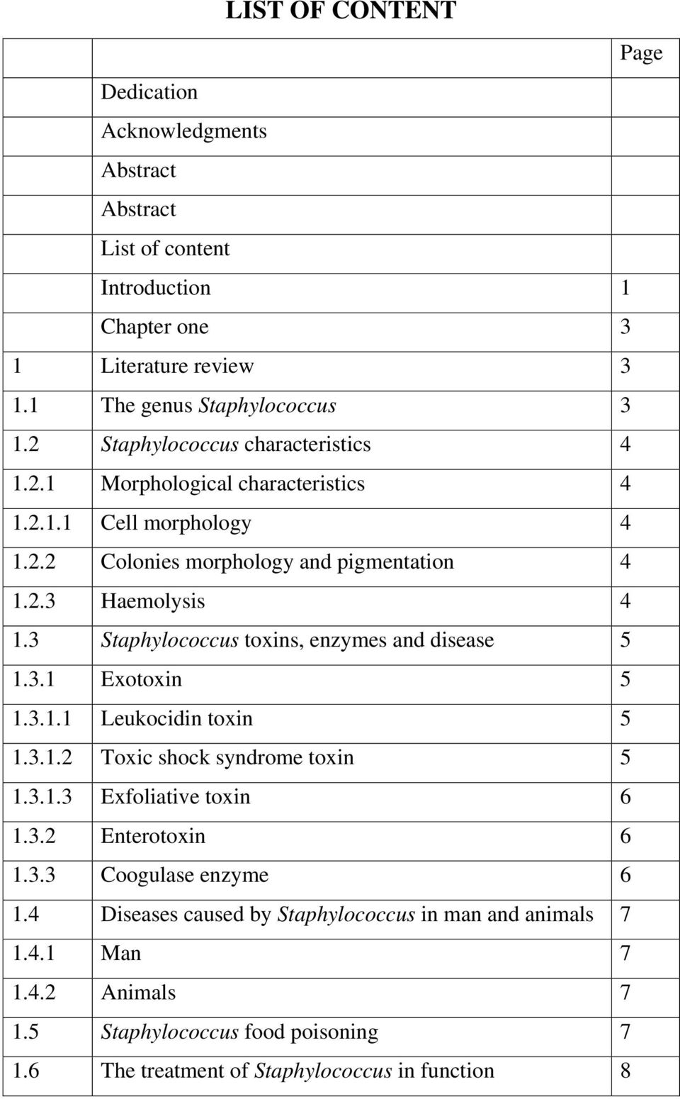 3 Staphylococcus toxins, enzymes and disease 5 1.3.1 Exotoxin 5 1.3.1.1 Leukocidin toxin 5 1.3.1.2 Toxic shock syndrome toxin 5 1.3.1.3 Exfoliative toxin 6 1.3.2 Enterotoxin 6 1.