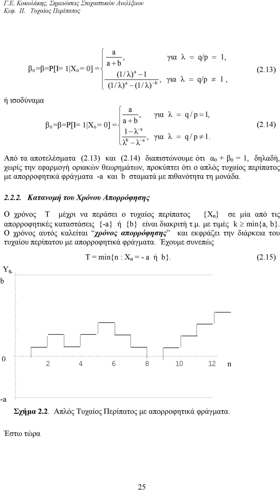 απορροφητικά φράγµατα -a και b σταµατά µε πιθανότητα τη µονάδα Κατανοµή του Χρόνου Απορρόφησης Ο χρόνος Τ µέχρι να περάσει ο τυχαίος περίπατος {X } σε µία από τις απορροφητικές καταστάσεις {-a} ή {b}