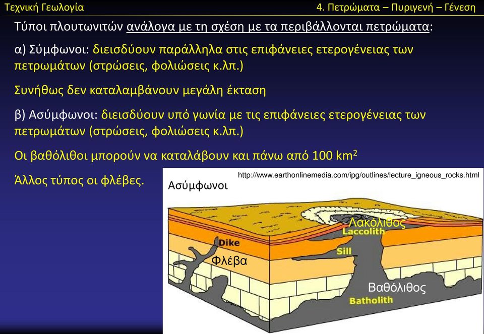 ) Συνήθως δεν καταλαμβάνουν μεγάλη έκταση β) Ασύμφωνοι: διεισδύουν υπό γωνία με τις επιφάνειες ) Οι βαθόλιθοι μπορούν να